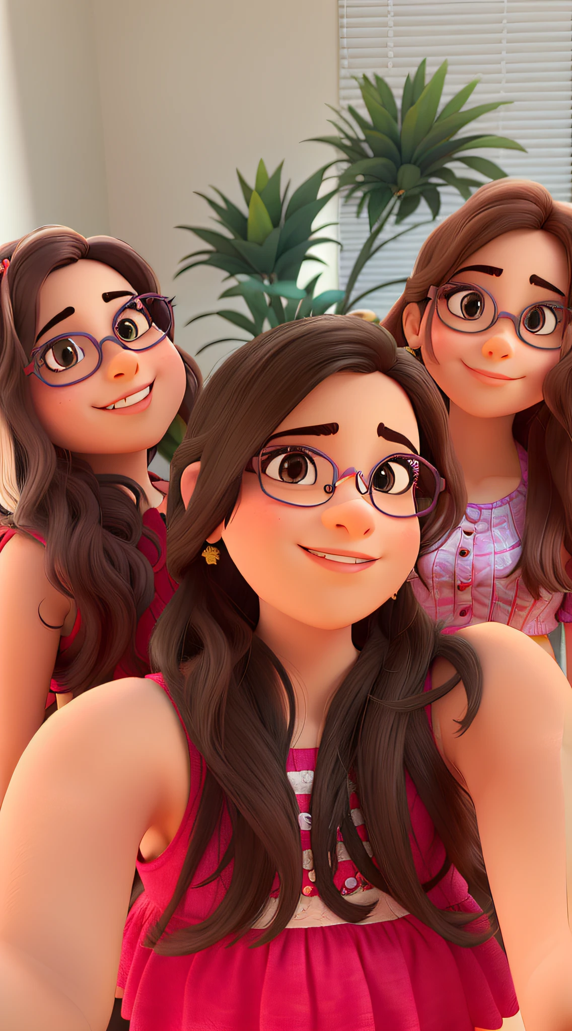 Tres meninas brancas, sendo duas morenas uma de oculos, uma menina loira de oculos, estilo disney pixar, alta qualidade, melhor qualidade