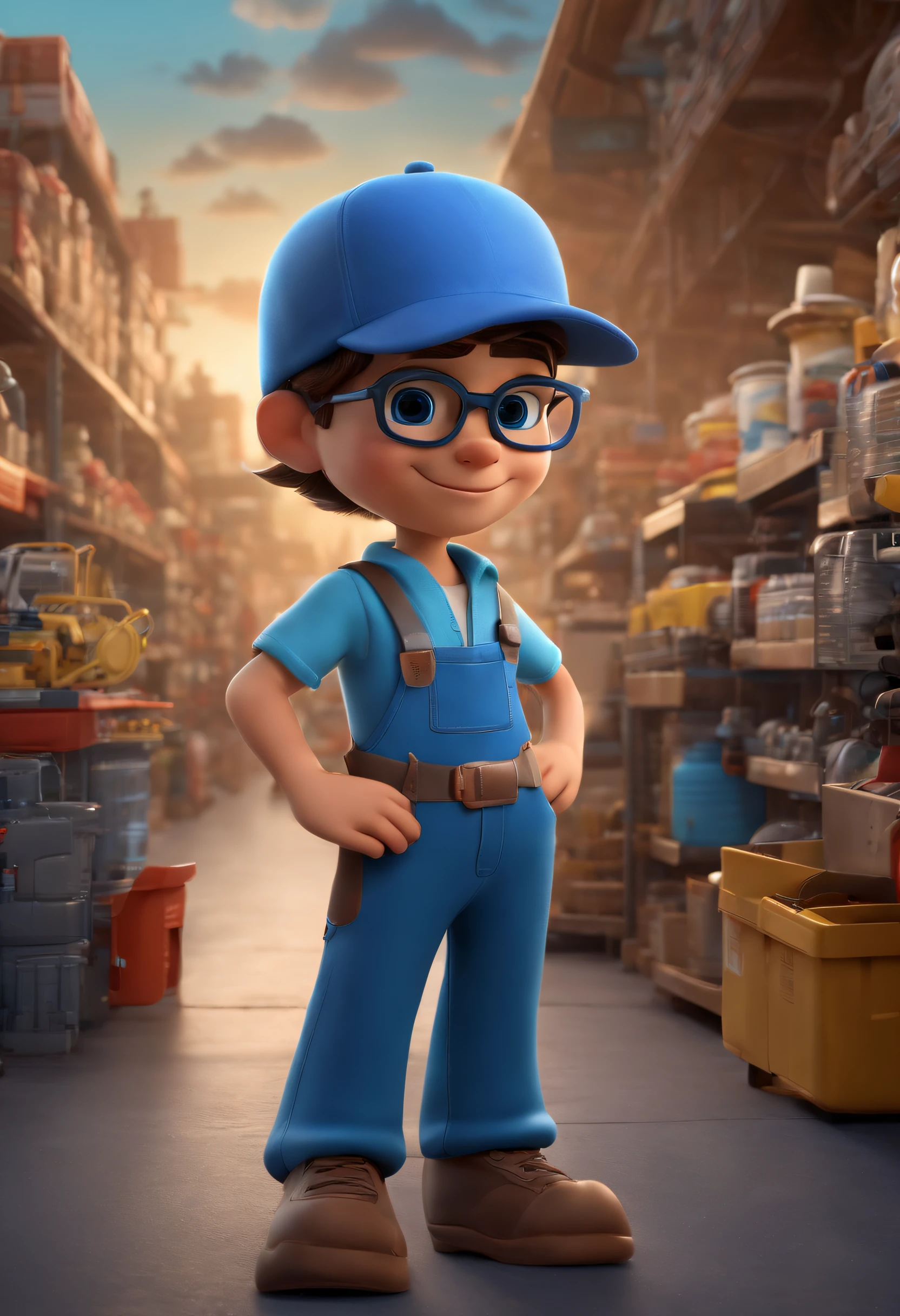 young character, 15 years old in mechanic style, wearing a blue jumpsuit, 3d mascot, disney pixar style, wearing a blue cap, wearing protective glasses, in the background a hardware store with blurred scene. mascot in the foreground in high quality