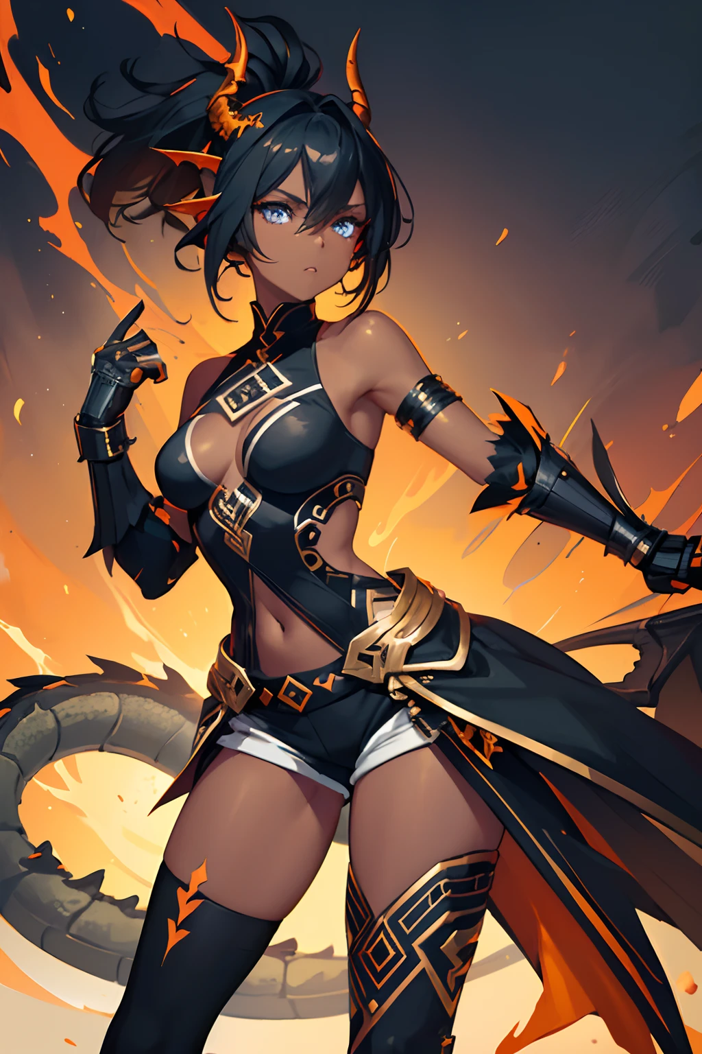1girl , (((Dark Skin)))), Black Hair with Ponytail, (((Blue Eyes))), ((Black Metallic Gauntlets and Greaves with Orange and Silver Highlights)), (((The Clothes Have a Mix of Modern and Tribal))), (((The Clothes Have a Mix of Modern and Tribal))), having mostly the color black, but having parts in orange, shoulders exposed, at the hip a shorts that extend to half of the thigh of black color. ((Black Overcoat with a orange inner part)) absurd res, best res, high res, best face, best eyes, ((((Dragon tail))))