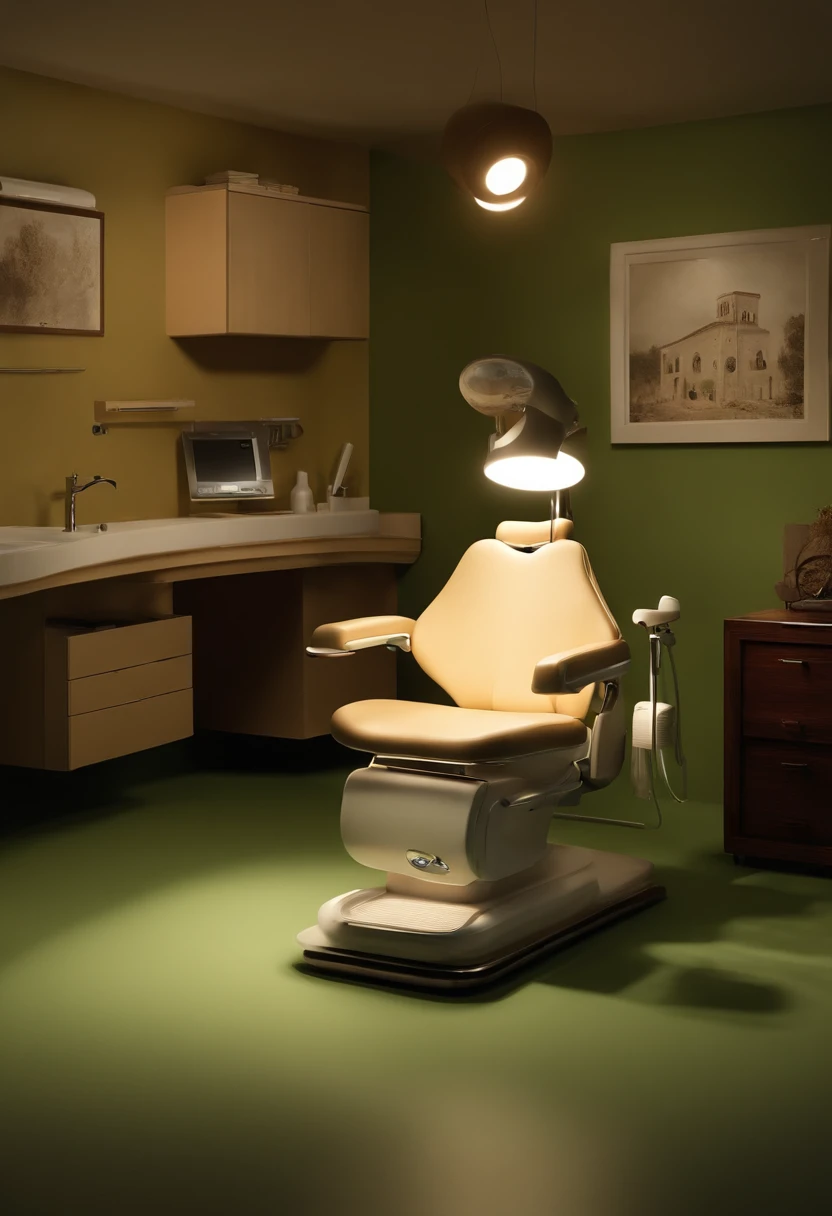 poster 3d inspirado na pixar/disney capturando uma cena com um homem de 28 anos,olhos castanhos claro,cabelo estilo americano claro, barba rala, usando seu jaleco preto, atendendo em seu consultorio odontologico muito animado,.O consultorio possui um ripado de madeira ao fundo,e uma parede verde com uma banca de marmore branca, tem equipamentos odontologicos, The dental chair is beige. O titulo " LUNE" stands out in the scenario