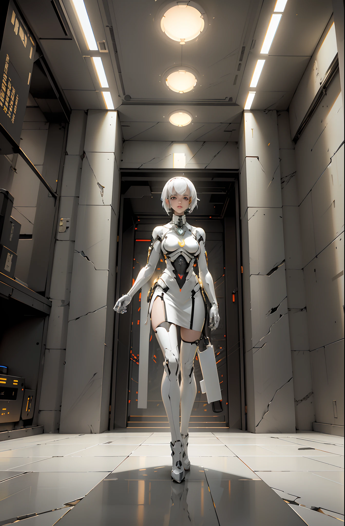 Urbanized interior. High, gigantic ceiling, temple-palace architecture. Cybernetic data center. The central part is a spherical computing artificial organism connected by many wires to monitors placed on the walls. The building is in the ancient Gothic style and looks very modern. White plastic, aluminum, polished artificial stone. 3D architectural printing. The walls are decorated with a complex geometric fractal pattern. White and gold dominate the main color range. The general stage is immersed in twilight, and the central form of the artificial organism is illuminated by white - artificial light. The shiny surface reflects surrounding objects. Lots of light bulbs - electronics. (Cyberpunk, futurism), (Ghost in the Shell style, Japanese anime.
Interior lighting, neutral-white light - warm shadows, matrix geometry, and secret symbolism decorate the floor. Tall Gothic windows - the atmosphere of the future, an alien highly developed civilization, in the side naves there are electronic holograms. Warm bright - contrasting light, light clear shadows, clear image of details, texture, decor (high image quality), (Clear high-quality render), (unreal engine), РD quality, 8K. Stylization Animation, RiotGames, Lucas Arts, Japanese cyberpunk anime, Blade Runner. Sh.R. Giger "Alien".