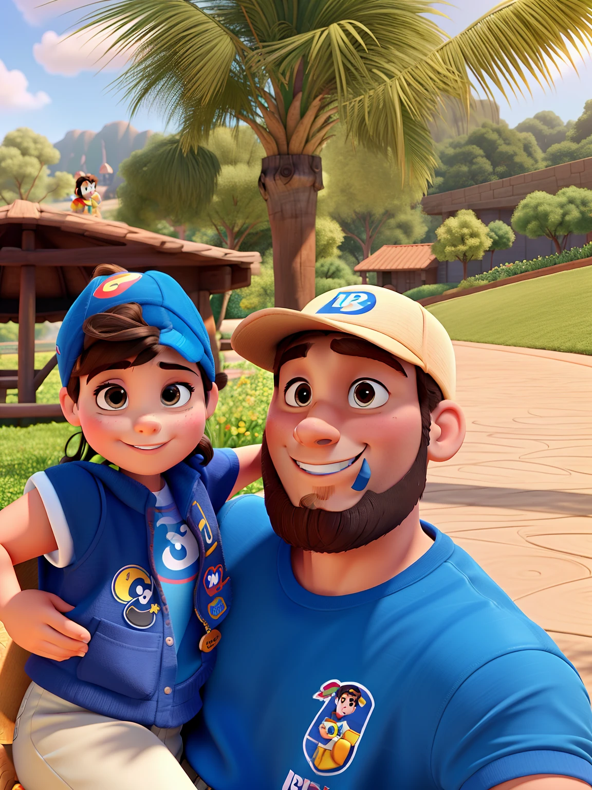 Disney Pixar-style poster of a brunette man with a brunette baby on his lap, alta qualidade, melhor qualidade.