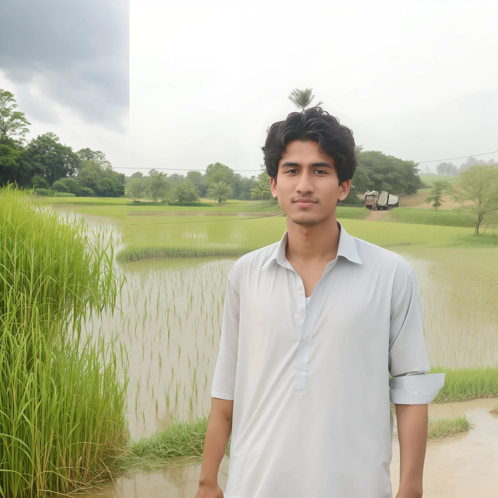 arafed man standing in front of a rice field with a field of green grass in the background, around 1 9 years old, khyzyl saleem, very very low quality picture, kyza saleem, riyahd cassiem, ash thorp khyzyl saleem, very clear picture, he is about 20 years old