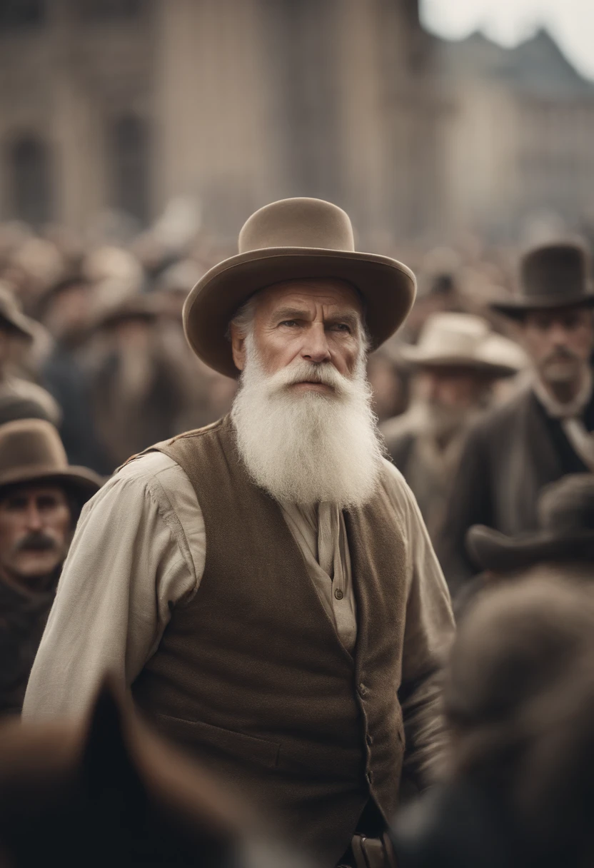 Generate the image of a man of approximately 65 years old, with a large white beard with one arm up raising a hat on top of a horse in the middle of the crowd, in historical civilian clothes.