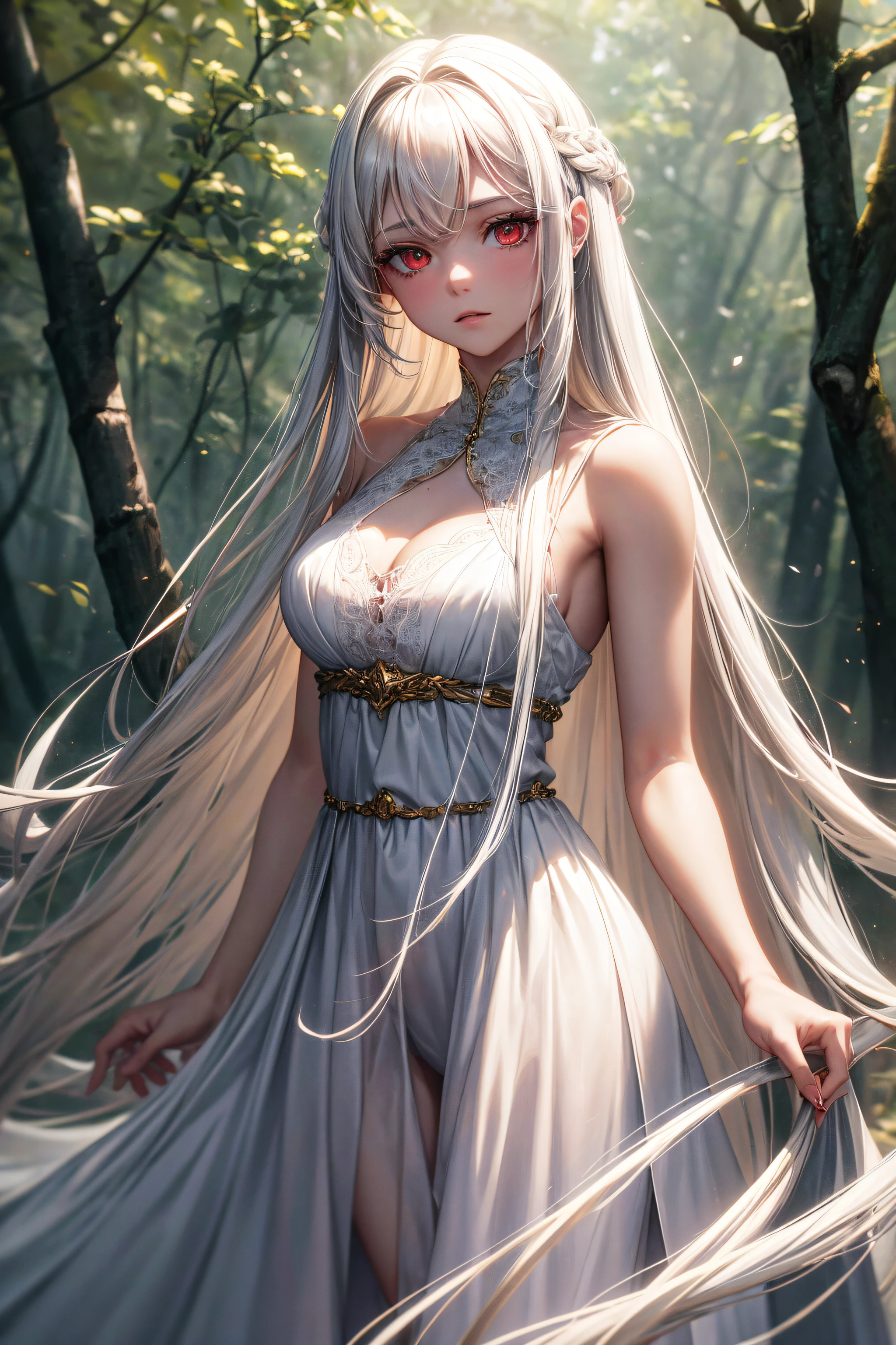 A stunning girl with long white hair, Fair skin, and red eyes, In the forest with cinematic lighting, Dark and low light. She wore a golden white dress, Her eyes focused, looking at viewert. Her skin is fair, Her face is delicate and flawless, A masterpiece, highest quality art. The image is a very detailed 8K CG wallpaper, Features artistic cinematic lighting and cinematic tones with neutral filters.
