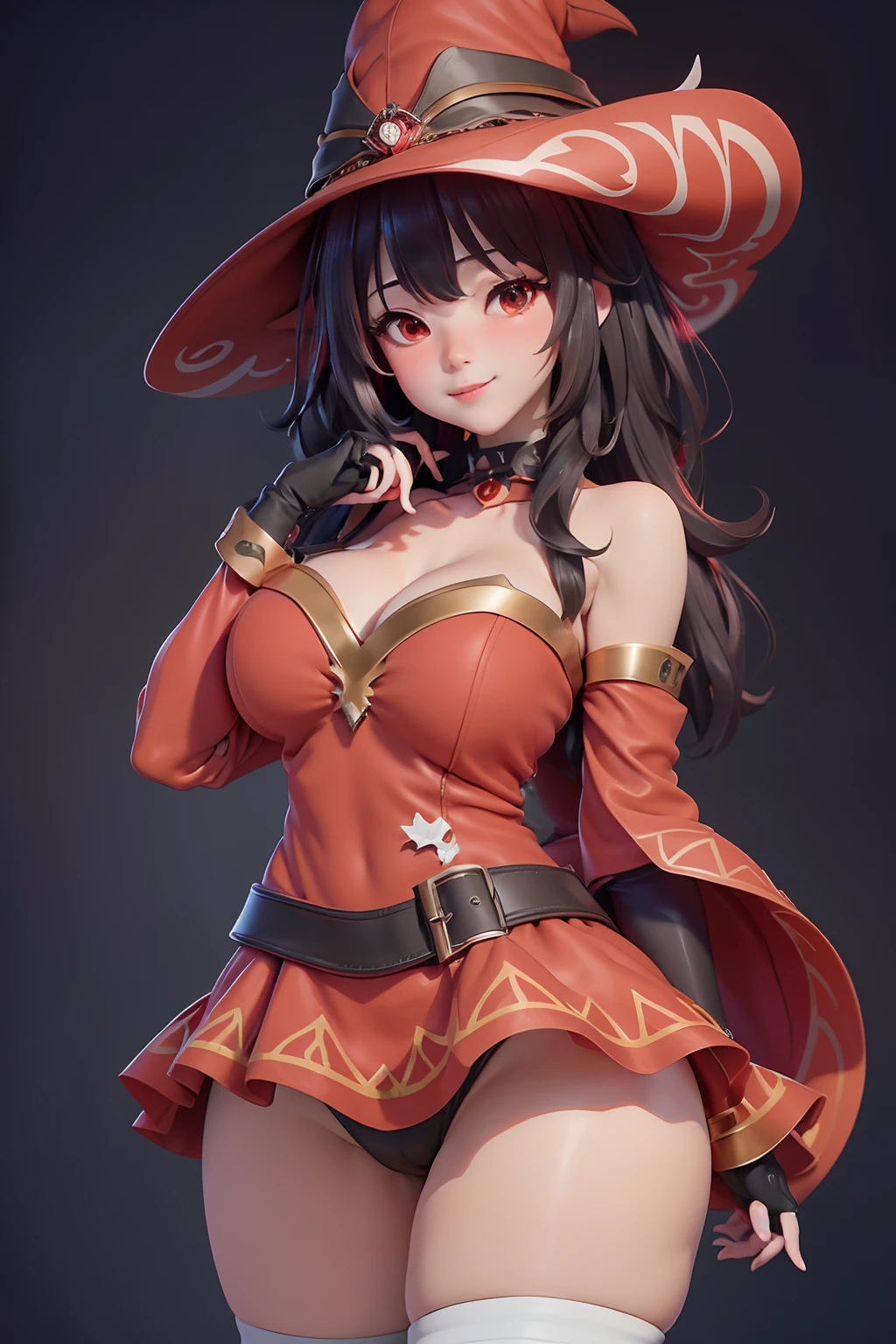 3dmm style,(masterpiece, top quality, best quality, official art, beautiful and aesthetic:1.2), (fractal art:1.3), 1girl, beautiful, high detailed, medium shot,megumi, wizard hat , red dress, shoulders not covered, gloves whiteout fingers,fingerless gloves, high tights, big breasts, (ultra big breasts:1.4), (ultra wide hips:1.3)