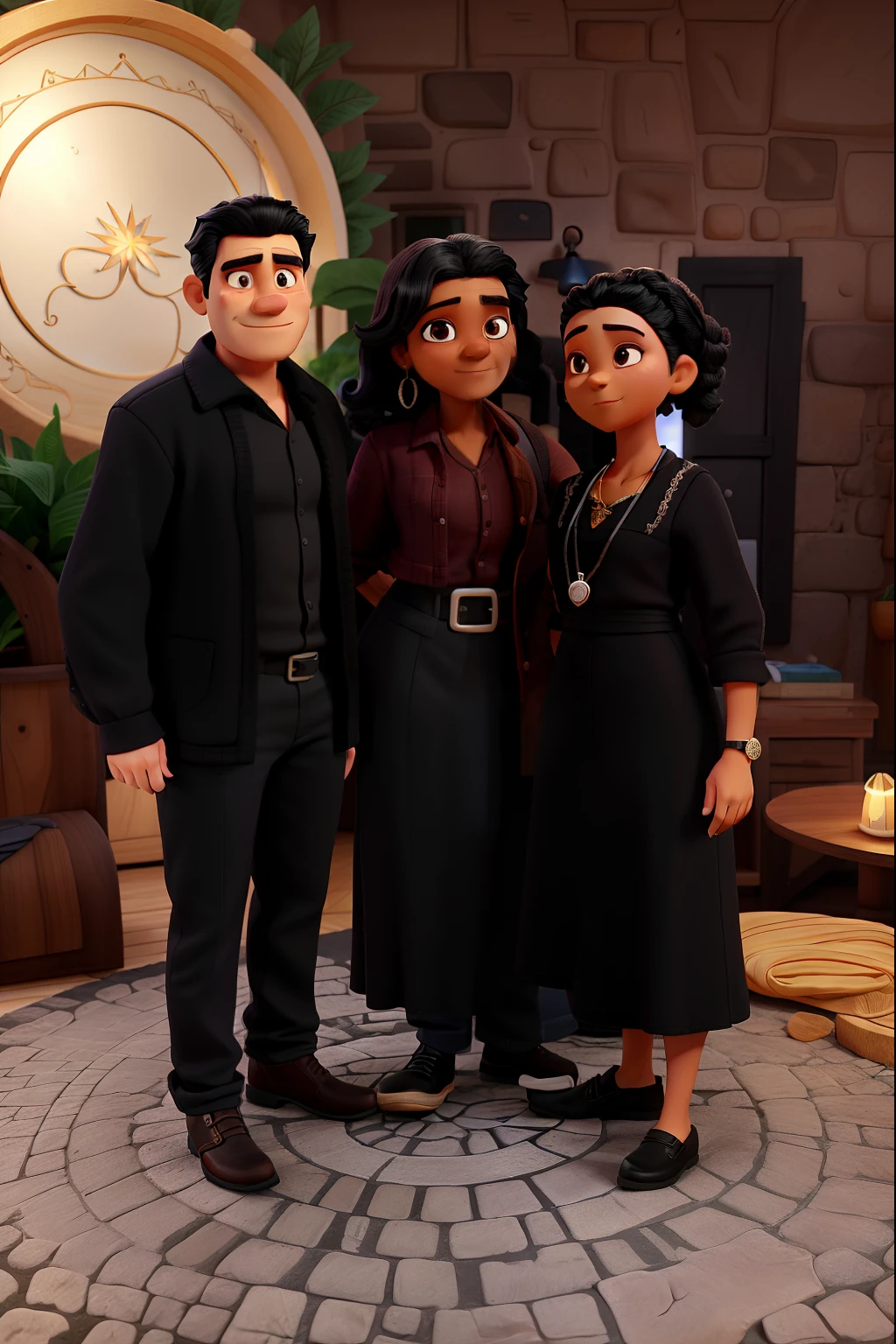 A wise man with short, bearded black hair wearing a black shirt and jeans, uma menina jovem linda de cabelo preto longo vestida com roupa de formatura, A wise old woman dressed in a black dress, illuminated by the light of a lamp