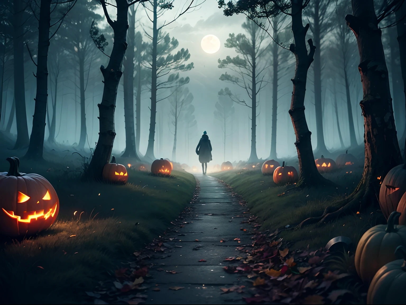 A dark, eerie forest in Halloween atmosphere:1.3, with an anime-style touch. The forest is filled with towering trees and a winding path that disappears into the darkness. The night is pitch black, enhancing the horror element:1.3. The sky is menacing, covered with ominous clouds that cast an eerie glow over the scene. Pumpkins are scattered throughout the forest, adding a festive Halloween touch.