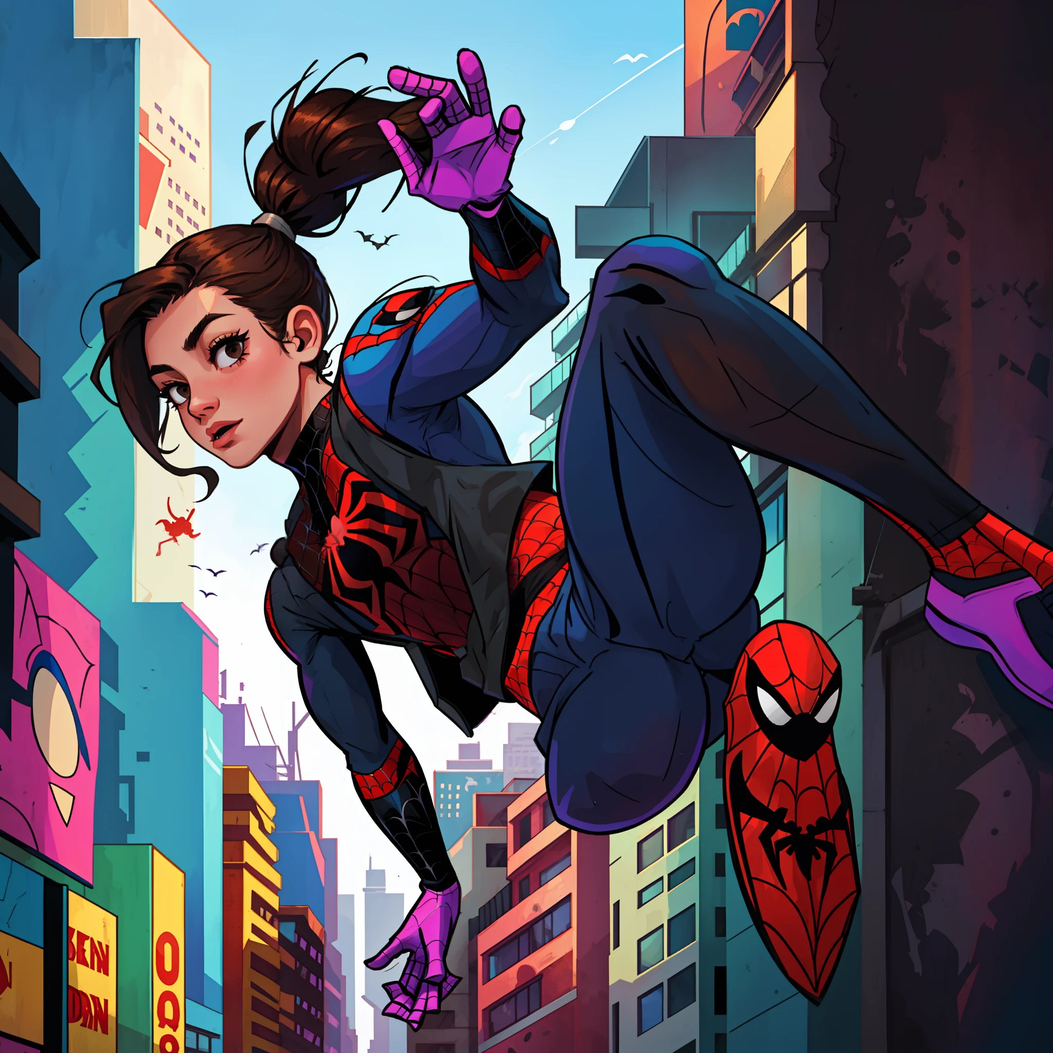 Make a Disney Pixar style post with spider-man in the spider-verse a 14 year old girl brown hair wearing ponytail in her hair no scenery of buildings wearing the black spider-man uniform outfit with the purple details