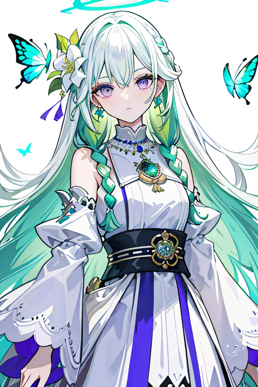 (Masterpiece, Best Quality: 1.4), Detailed Background, White Crystal, Crystal Cluster, Long Hair, Jewelry, Earrings, Necklace, Bride, ((green Hair)), Halo, (Overlook), Dynamic Angle, Ultra Detailed, Illustration, Close Up, Direct Look, 1girl, (Fantasy: 1.4), (Purple Eyes: 1.233), Her Eyes Shine Like Dreamy Stars, (Glow Eyes: 1.233), (Beautiful and Delicate Eyes: 1.1), (green Hair: 1.4), (Messy Hair, Very Long Hair, French braids, hair between the eyes, side hair), (+(white hair flower: 1.14)), (chiffon dress, uniform white flower pattern)/= (military uniform: 1.24), (fingerless gloves), choker, (miko thighhighs), high heeled boots, (expressionless, shut up), (standing), (classical princess boudoir with dresser floor-to-ceiling windows white ancient palace), (white flowers, blooming),(Ruins),(Night:1.2),dreamy,Soul,(fluorescent),(Flying Translucent Blue Butterfly:1.15),[Delicate Fingers and Hands:0.55]::0.85], (Finger Detail), (Yubao:0.5),((white background)),((upper body)),((turquoise hair)),green hair,((green hair)),