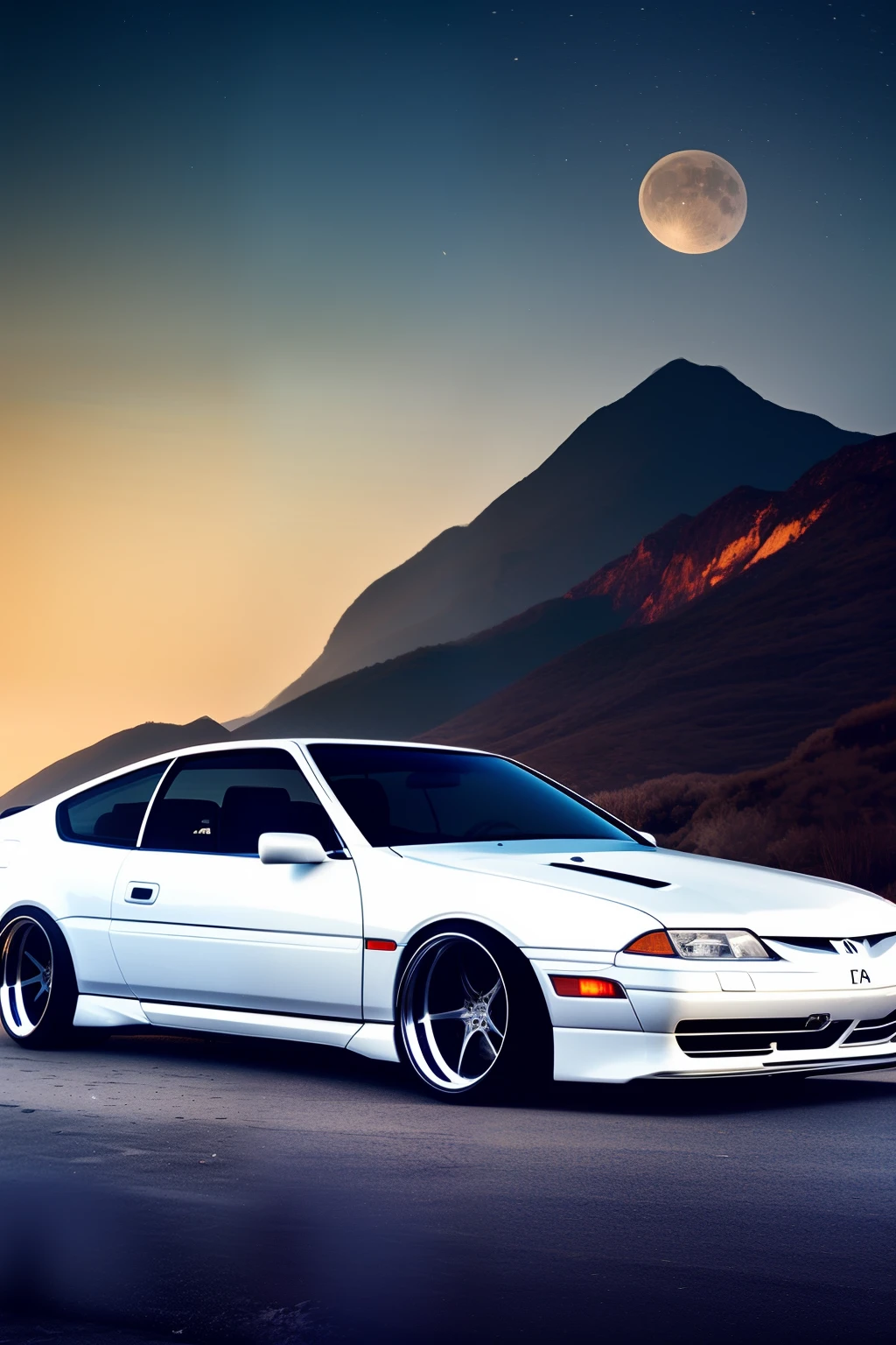 white 1995 acura integra LS with ikon from lip bumper on chrome rpf1 wheels next to a black nissan 300zx on black 57cr sport wheels, night, on mountaintop, city background, big moon and stars, realistic