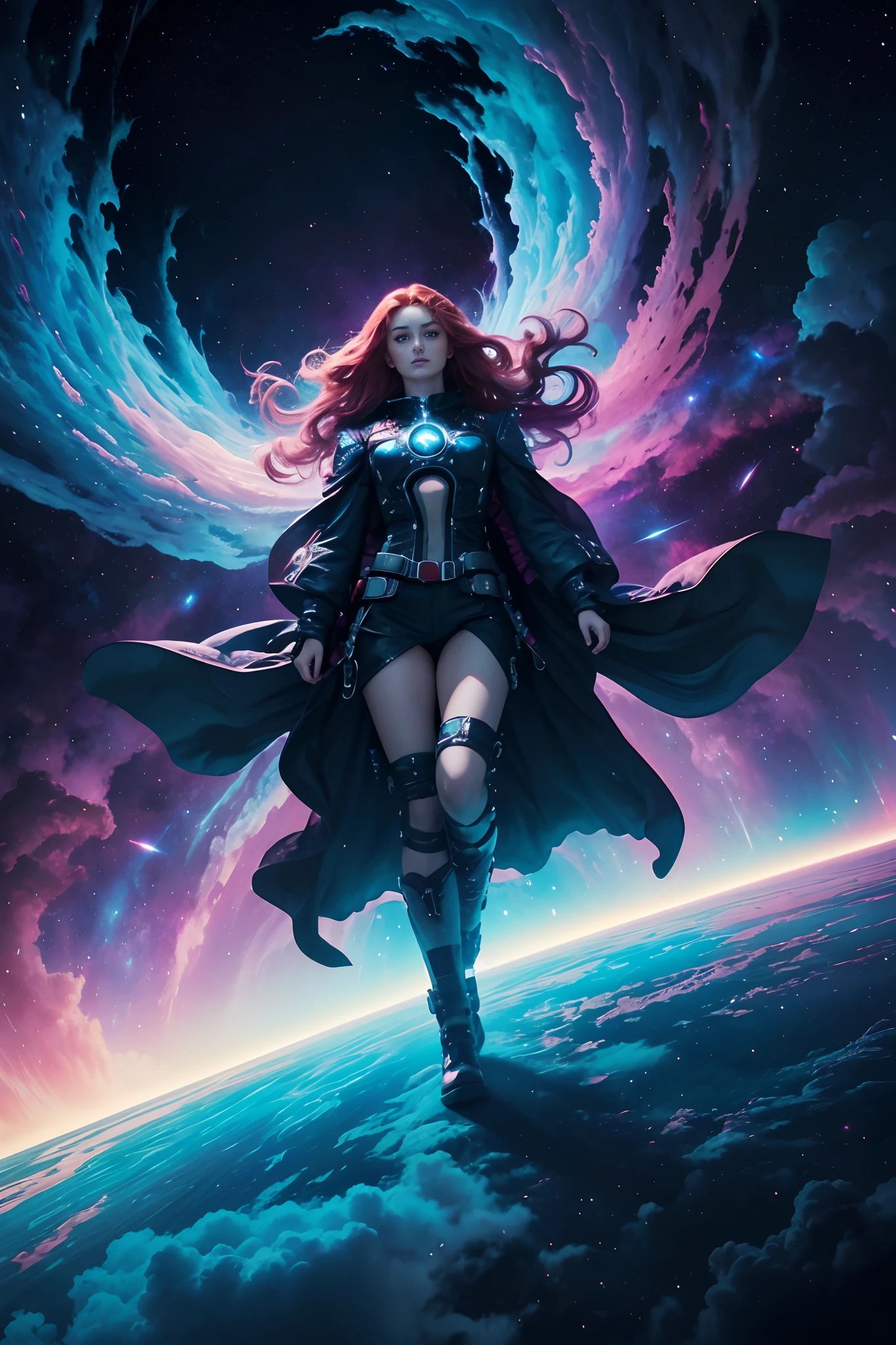 (Solo) Incredible and spectacular cloud figure Sophie Turner emergency scene in cosmic clouds, Chain of fractal nebulae, cosmic, Celestial, cosmic, A vibrant and vivid entity, whirly, Spinning, unreal, High contrast, Symbolism, magical, mistic, mistic, Hyper-realistic, Supersaturation, Colorful, 8K