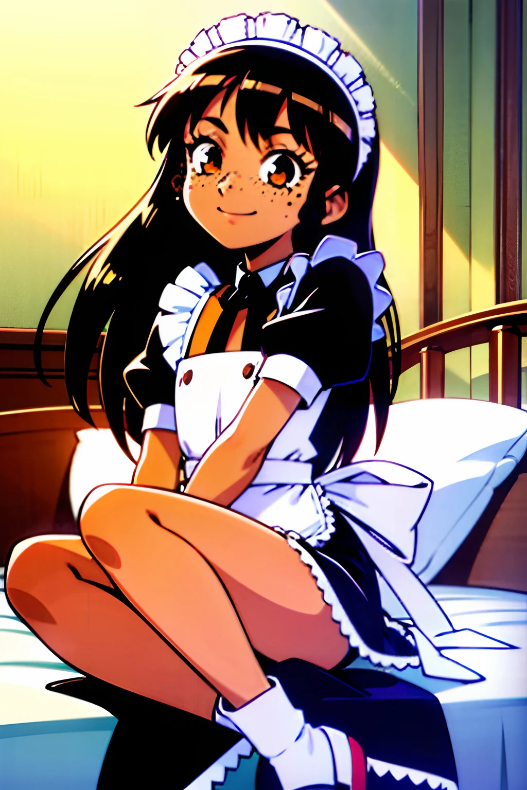 (best-quality:0.8), (best-quality:0.8), brown skin, long black hair, straight hair, brown eyes, eyelashes, freckles, petite, happy expression, bedroom, maid outfit, maid headband