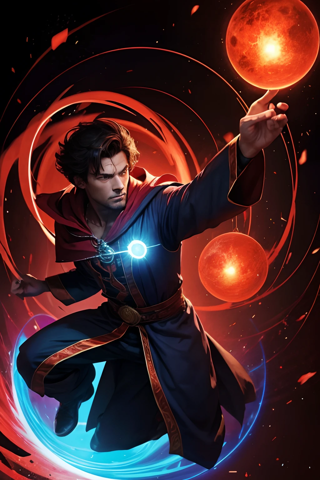 Sorcerer Man Floating Inside An Energetic Red Sphere