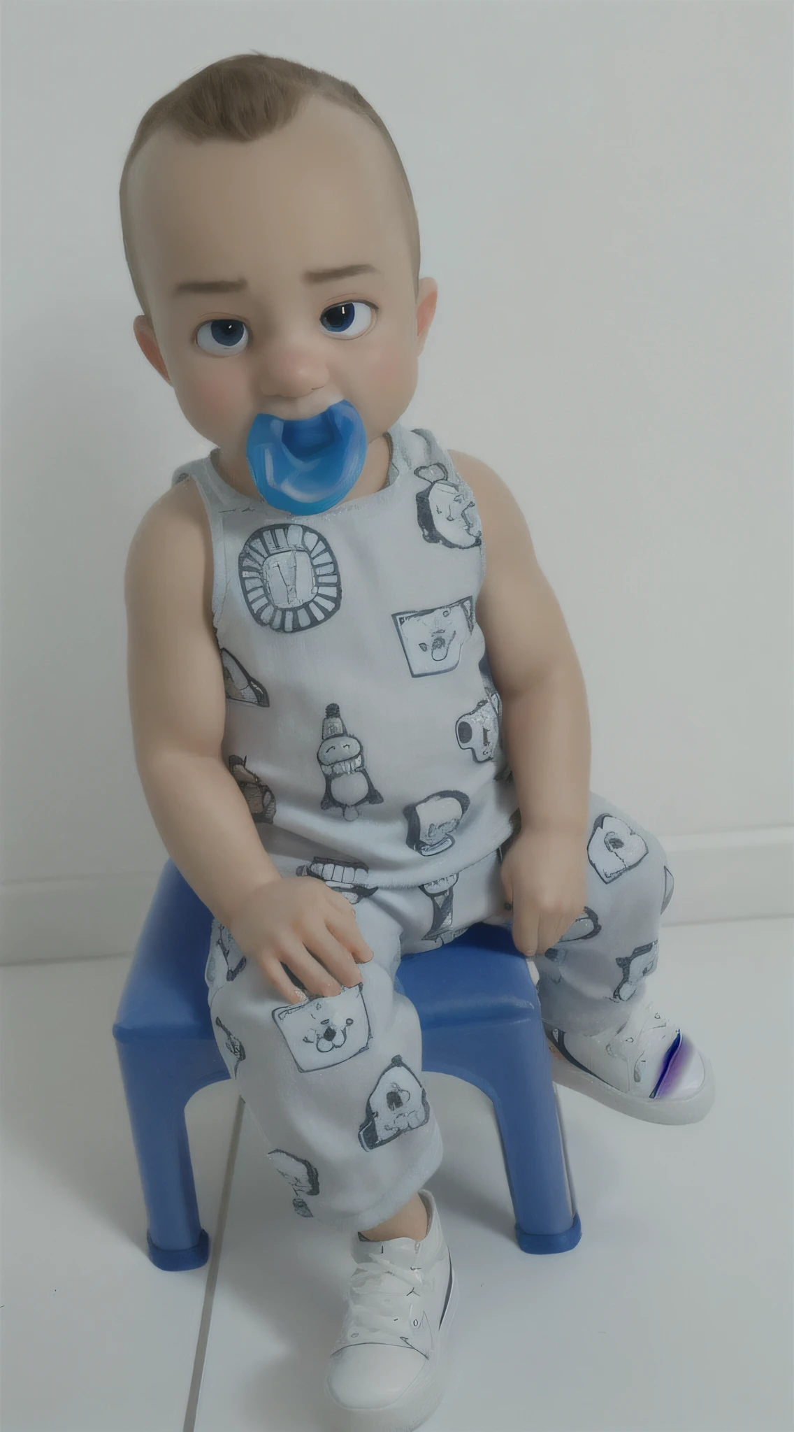 A closeup of a baby sitting on a blue chair with a pacifier in his mouth Disney dick style