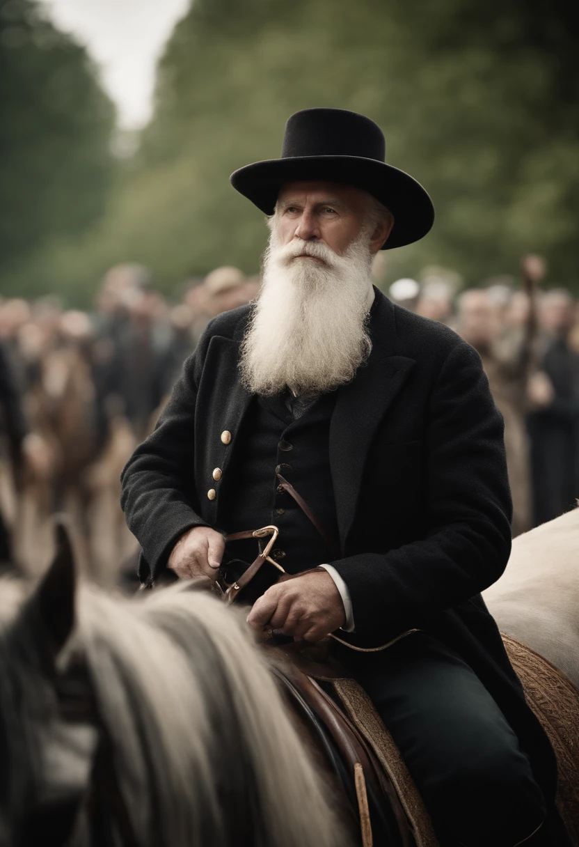 Generate an image of a man of approximately 65 years old, with a large white beard, in historical civilian clothes, with one arm up raising a hat on top of a horse in the middle of the crowd