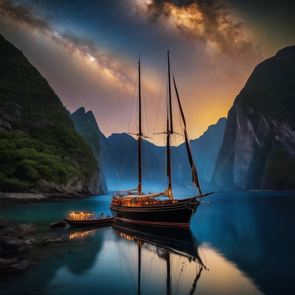 Master Parts、Superior Quality、superior image quality、The 8k quality、、Beautiful pictures of the starry sky、magnifica、Arched Milky Way、Sail ships、Blue sea、Shooting Stars, aurora lights