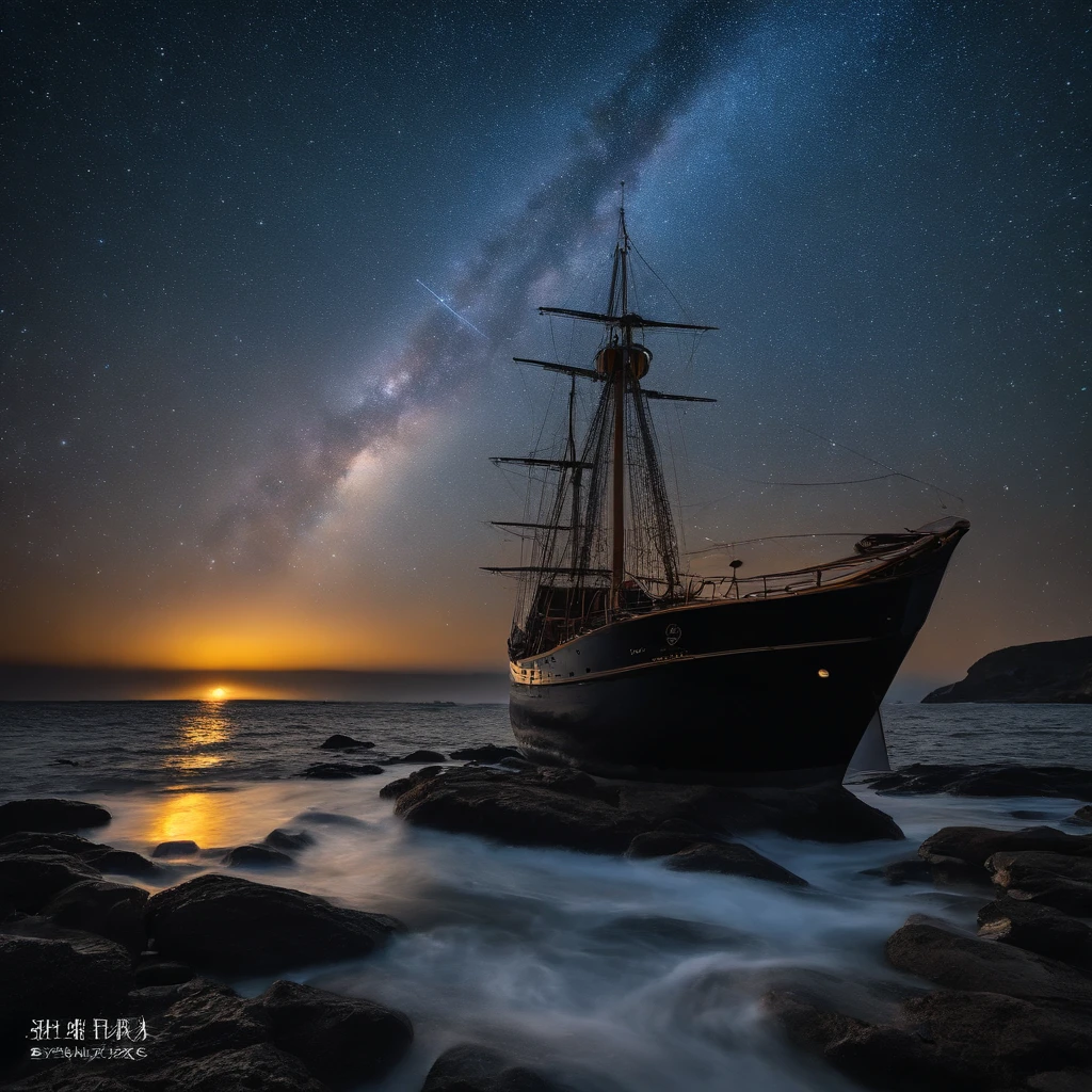 Master Parts、Superior Quality、superior image quality、The 8k quality、、Beautiful pictures of the starry sky、magnifica、Arched Milky Way、Sail ships、Blue sea、Shooting Stars, aurora lights