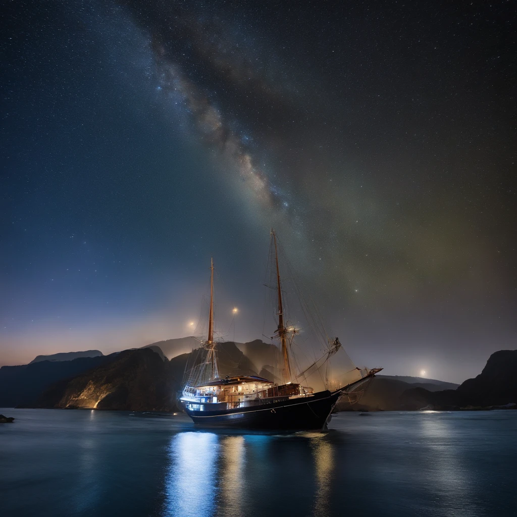 Master Parts、Superior Quality、superior image quality、The 8k quality、、Beautiful pictures of the starry sky、magnifica、Arched Milky Way、Sail ships、Blue sea、Shooting Stars, aurora lights