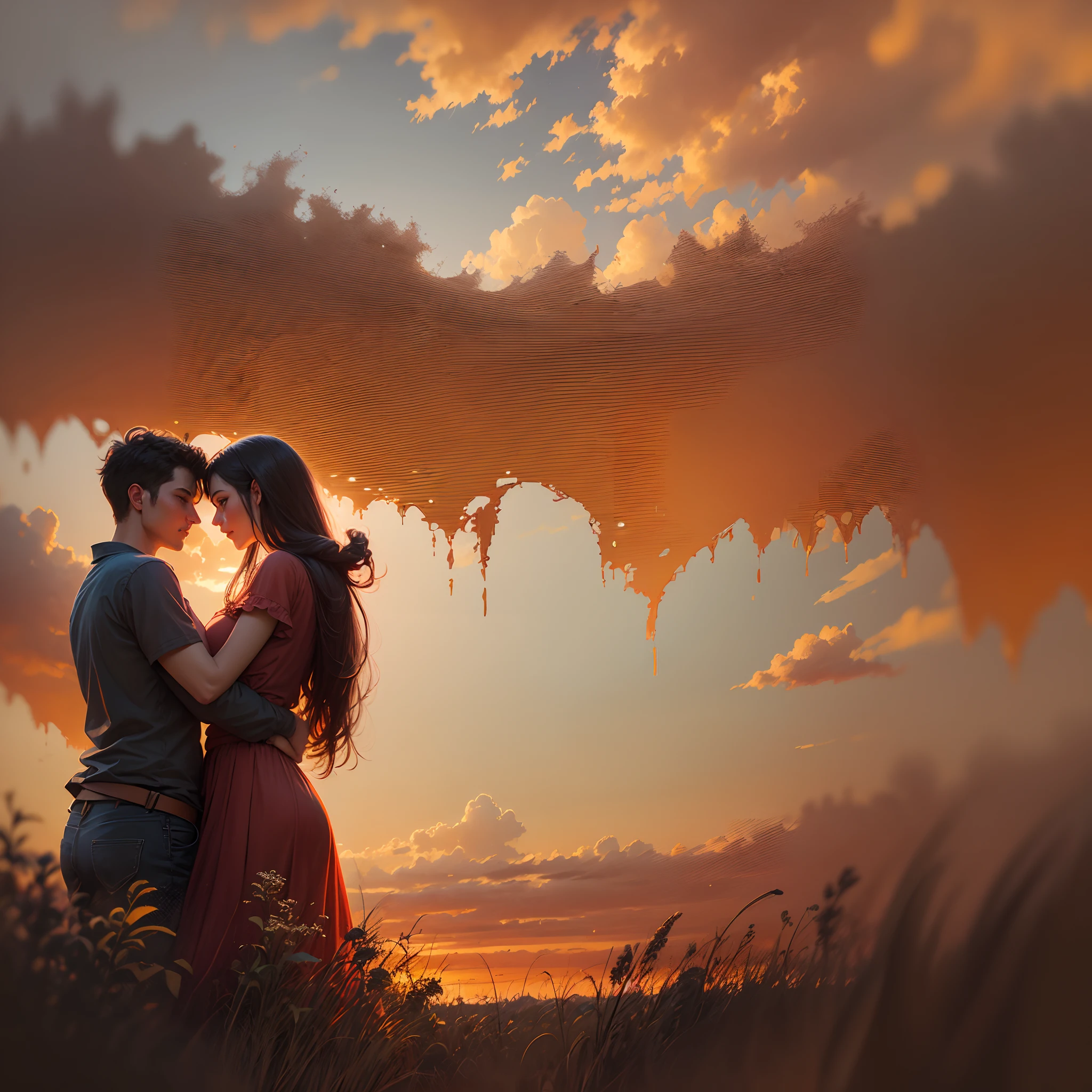 rough oil painting of a couple in love at sunset, in the foreground --auto --s2