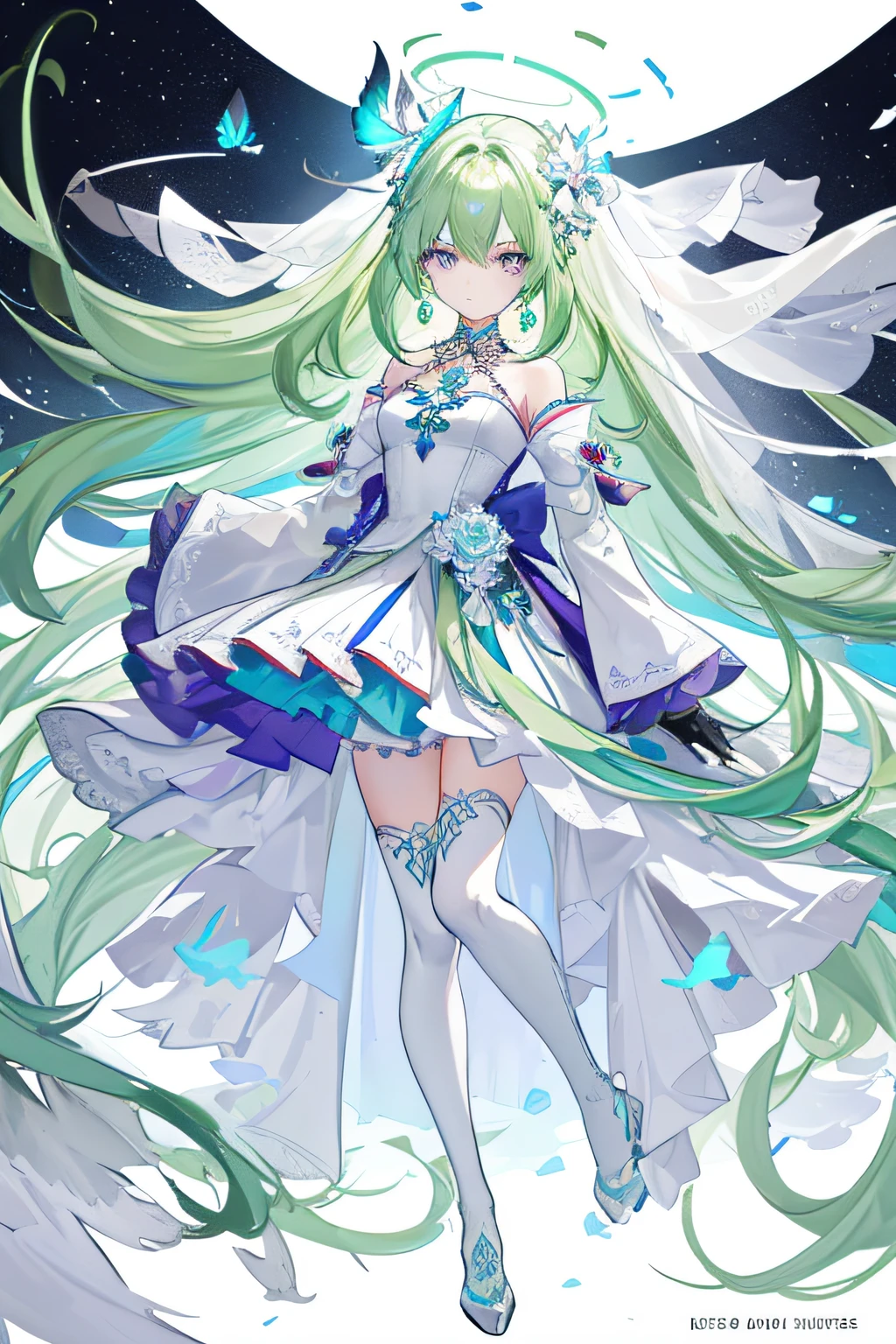 (Masterpiece, Best Quality: 1.4), Detailed Background, White Crystal, Crystal Cluster, Long Hair, Jewelry, Earrings, Necklace, Bride, ((green Hair)), Halo, (Overlook), Dynamic Angle, Ultra Detailed, Illustration, Close Up, Direct Look, 1girl, (Fantasy: 1.4), (Purple Eyes: 1.233), Her Eyes Shine Like Dreamy Stars, (Glow Eyes: 1.233), (Beautiful and Delicate Eyes: 1.1), (green Hair: 1.4), (Messy Hair, Very Long Hair, French braids, hair between the eyes, side hair), (+(white hair flower: 1.14)), (chiffon dress, uniform white flower pattern)/= (military uniform: 1.24), (fingerless gloves), choker, (miko thighhighs), high heeled boots, (expressionless, shut up), (standing), (classical princess boudoir with dresser floor-to-ceiling windows white ancient palace), (white flowers, blooming),(Ruins),(Night:1.2),dreamy,Soul,(fluorescent),(Flying Translucent Blue Butterfly:1.15),[Delicate Fingers and Hands:0.55]::0.85], (Finger Detail), (Yubao:0.5),((white background)),((full body)),((turquoise hair)),green hair,((green hair)),