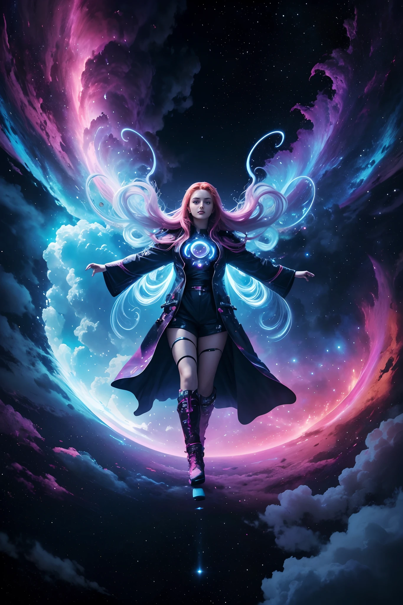 (Solo) Incredible and spectacular cloud figure Sophie Turner emergency scene in cosmic clouds, Chain of fractal nebulae, cosmic, Celestial, cosmic, A vibrant and vivid entity, whirly, Spinning, unreal, High contrast, Symbolism, magical, mistic, mistic, Hyper-realistic, Supersaturation, Colorful, 8K