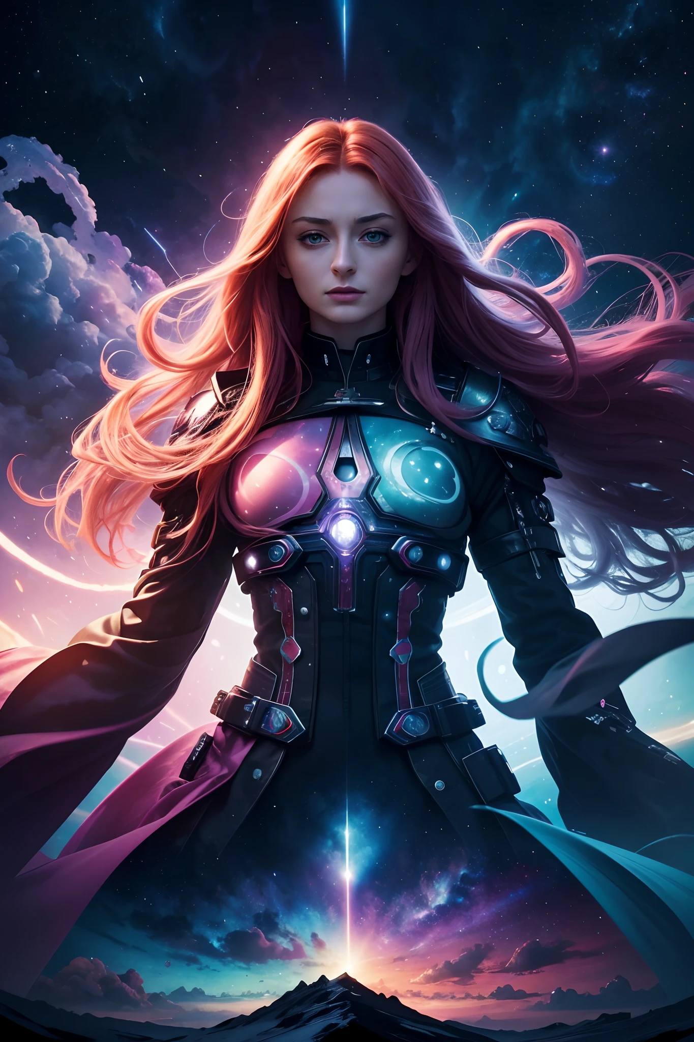 gloomy portrait of Zombie Scarlet Witch from Marvel, extremely detailed, futuristic cityscape, nighttime, glowing neon lights, smoke, sparks, metal shavings, flying debris, blue energy effects, volumetric light