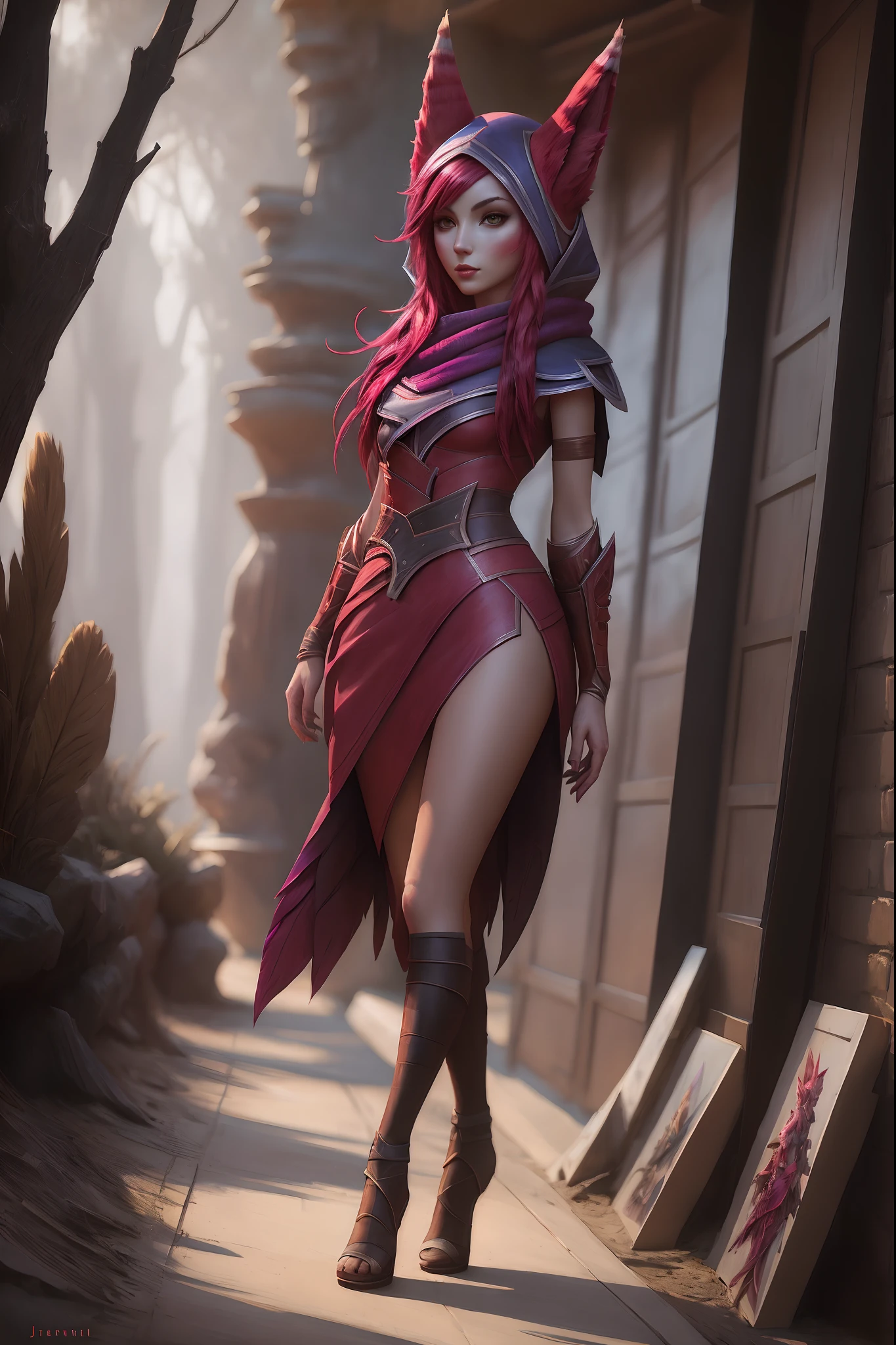 Full body portrait, character: xayah from league of legends, character art, highly  xayah from league of legends art deco, by Jeremiah Ketner, by Beksinski, by Vincent Di Fatelli