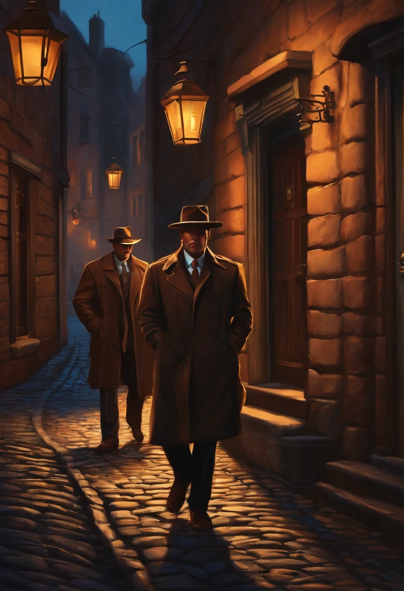 gustavedore draw style , realistic illustration of a detective wearing (trench coat:1.1) and hat , in a victorian london city at night, city, epic lighting, cinematic lighting, high res, (detailed image:1), insane details, (highly detailed:1.2)