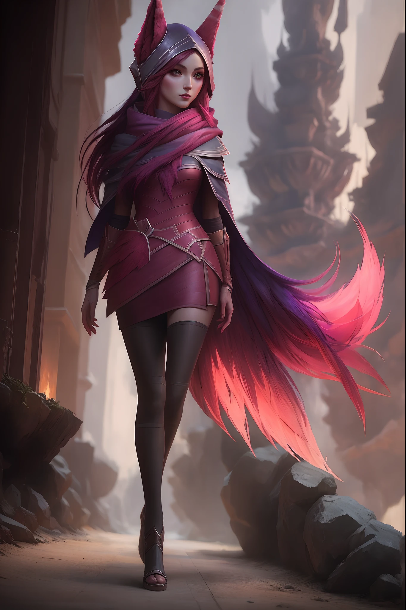 Full body portrait, character: xayah from league of legends, character art, highly  xayah from league of legends art deco, by Jeremiah Ketner, by Beksinski, by Vincent Di Fatelli