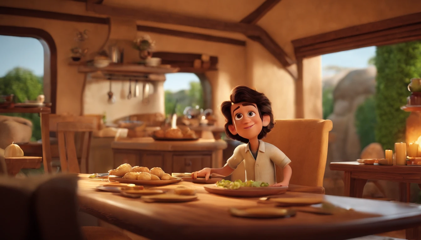 poster 3d inspirado na pixar/disney capturando uma cena com um homem de 28 anos,olhos castanhos claro,cabelo estilo americano claro, barba rala, usando seu jaleco preto, atendendo em seu consultorio odontologico muito animado.