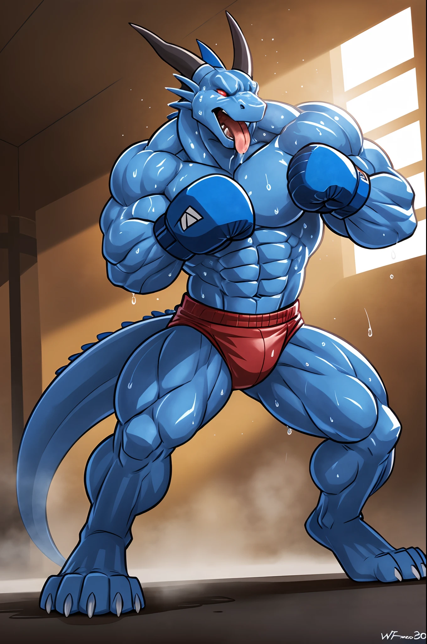 ((solo) full height):1, (anthro) blue dragon, lora, adult, mature, masculine, slim:1.2, skinny:1.2, tall:1, (correct anatomy:1.2), vascular veins, (correct proportions:1.3), topless, (shirtless, boxing gloves, boxing trunks), ultradetailed, (by wfa:1.2), (by takemoto_arashi, by vorusuarts, by Traver009:1, by grimfaust:1), natural lighting ((boxing ring):1.4 background), (sweat:1.4, wet:1.6), (lots of sweat flowing down) exhausted, dragon head ((open:1 eyes, detailed):1.2), open mouth (steaming breath:1.2, drooling, dripping saliva, thick drool) tongue sticking out, (serious:1.4) expression), in pain