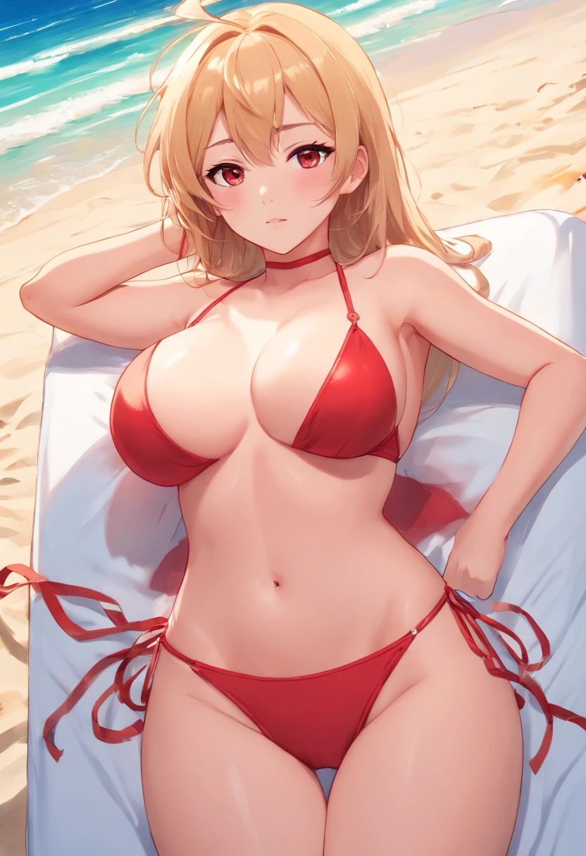 Thick bodied arafed woman in a two-piece red see-through bikini posing on a bed on the beach for a picture, sfw huge breasts, long blonde hair goddess, better known as amaranth, with large breasts, amaranth, with large breasts, big breasts!, big breasts, photorealistic perfect body, jaw-dropping beauty, sexy girl, ross tran 8 k, biomechanical oppai, breasts covered and sfw