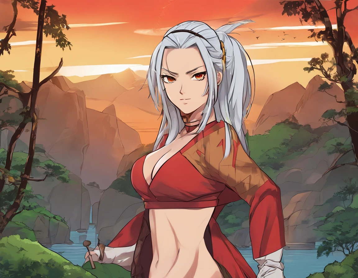 tsunade, dark_skin_female, female_solo, grey hair, messy_hair, yellow_eyes, long_hair, warrior women, red lips, forest background, black dress, belly revealing, mature_female, musclular body, tall height, sidelocks, line anime,mature female, (sidelook:1.64), (tanned skin:1,76)