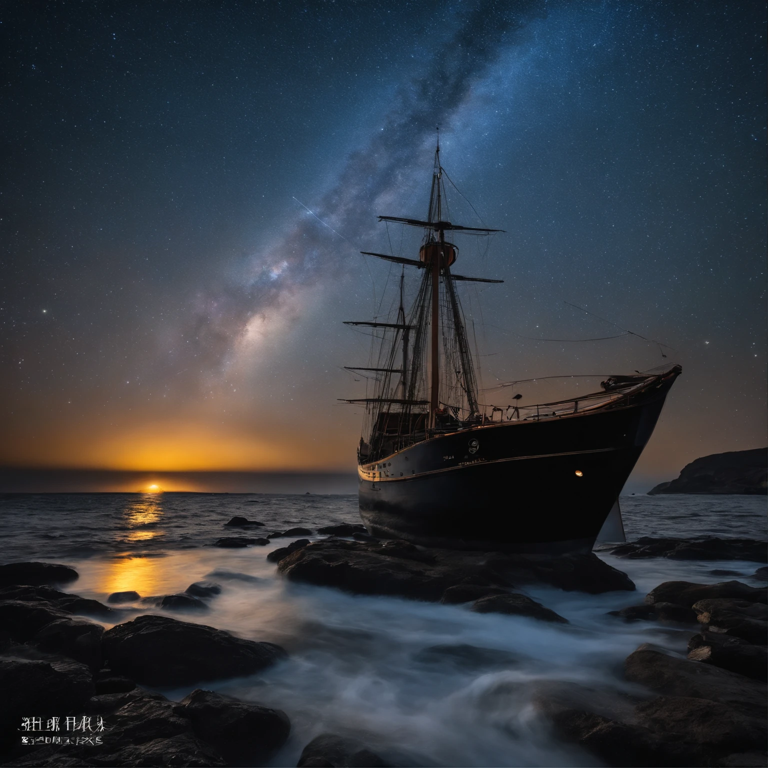 Master Parts、Superior Quality、superior image quality、The 8k quality、、Beautiful pictures of the starry sky、magnifica、Arched Milky Way、Sail ships、Blue sea、Shooting Stars, aurora lights