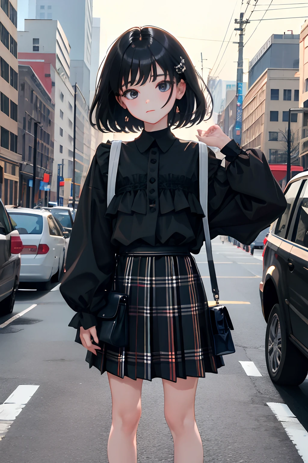 (child)，（​masterpiece，Highest Quality），Black blouse，plaid skirts，Bag，A dark-haired，intersection
