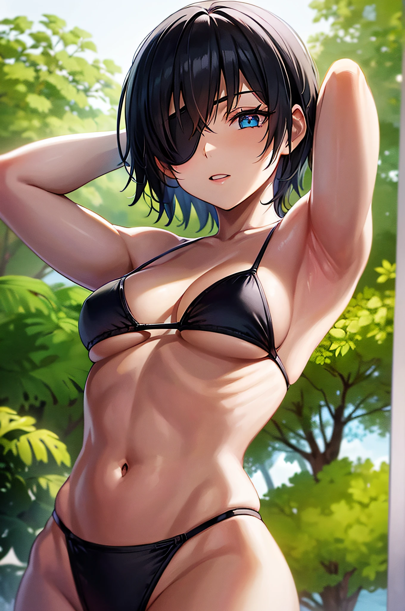 1girl, hmn1, Short hair, Black hair, Blue eyes, (an eye patch:1.1), 
BREAK (black bikini:1.2), medium breasts, Naked, Exposed skin, Wet skin, (arms behind head, armpits),
BREAK  (sea:1.2), beach, (solar:1.2),
BREAK looking at viewer, (drawing only the upper body:1.3), close-up,
BREAK (masutepiece:1.2), Best Quality, High resolution, Unity 8k壁纸, (Illustration:0.8), (Beautiful detailed eyes:1.6), extra detailed face, Perfect Lighting, extremely details CG, (Perfect hands, Perfect Anatomy)