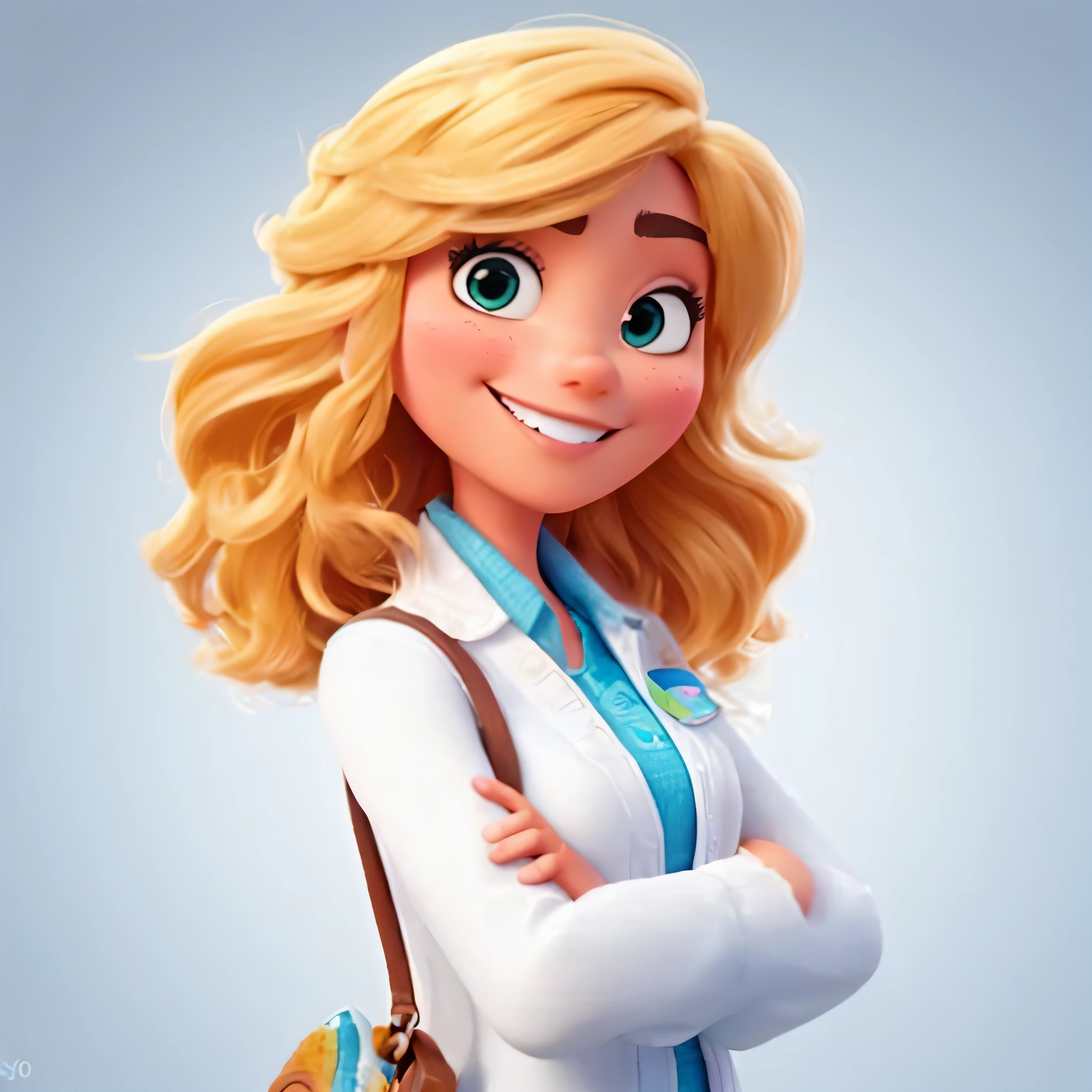 crie uma personagem no estilo disney pixar, mulher de cabelos castanhos, de 30 anos, jaleco branco, cores vibrantes, texturas detalhadas