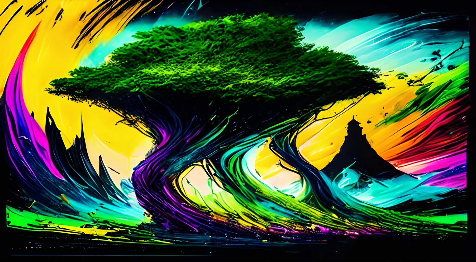 (masterpiece, top quality, best quality, official art, beautiful :1.2), extreme detailed,colorful,highest detailed , a masterpiece of abstract painting, (colors in the painting include: Dark moss green color, Pakistan green color, Cornsilk color, Earth yellow color, Tiger's Eye color), the theme of this masterpiece of abstract painting is about the Earth ,after the end of the world ,due to human destruction of the environment , hauted city , dark future , dark theme