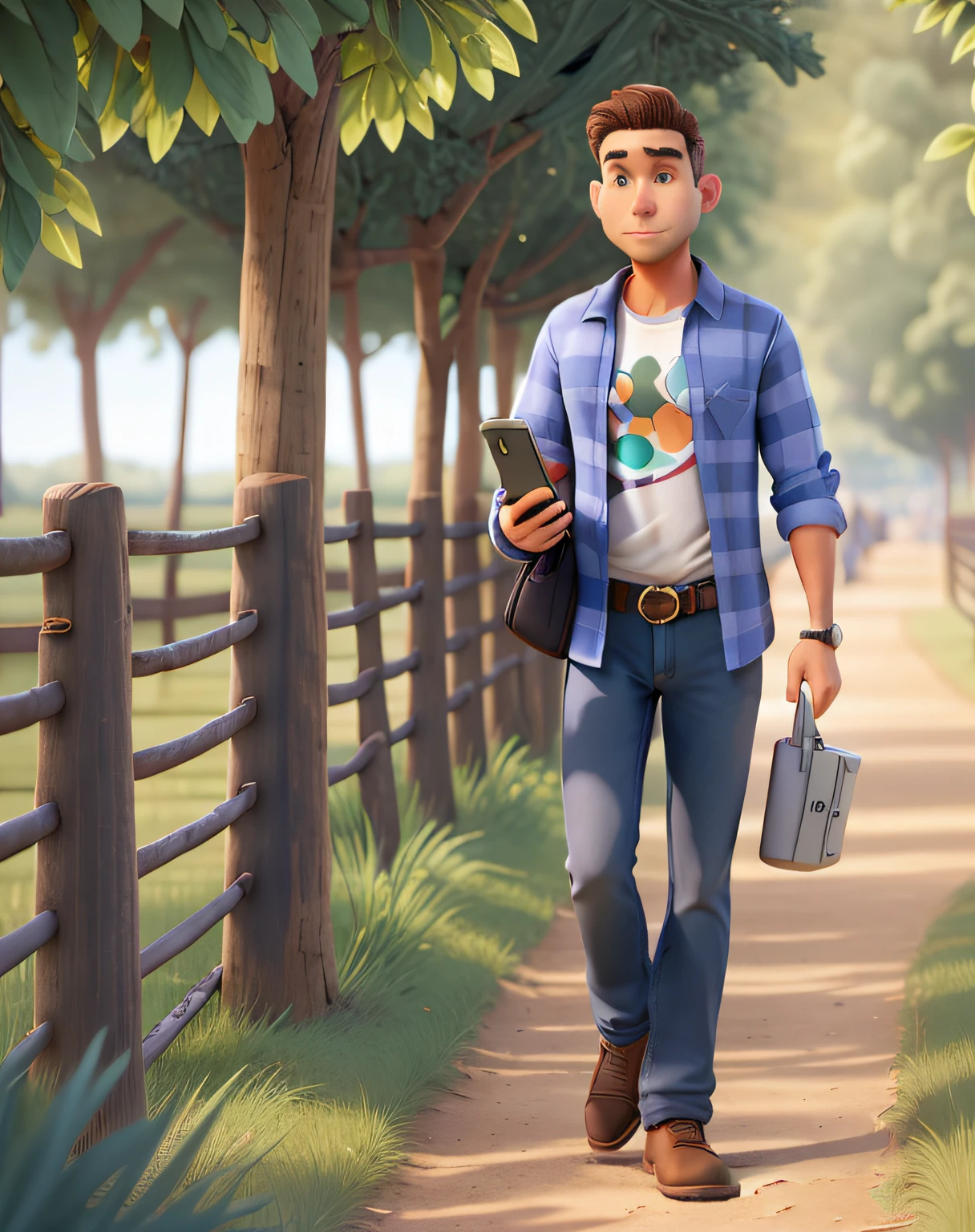 A modern urban tech man dressed casually in a t-shirt with his cell phone in his hand in the middle of a cattle ranch, olhando para o celular, coletando dados, estilo pixar