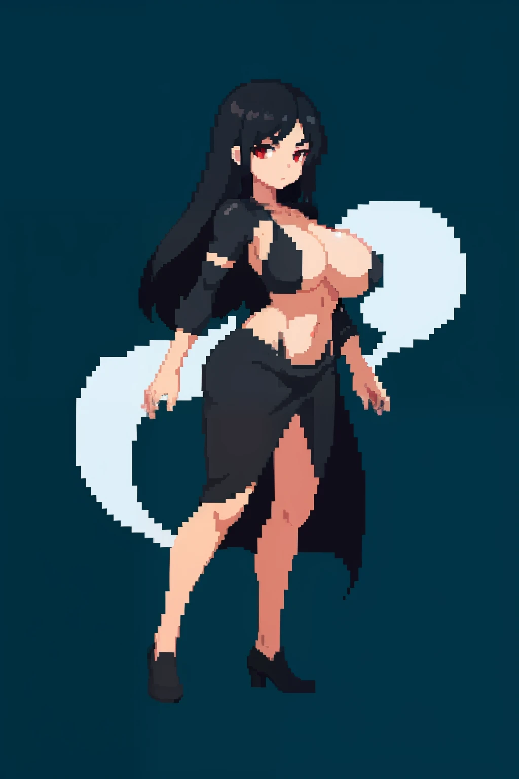 1girl, black hair, red eyes, big boobs, ghost, full body (pixel, pixel art)