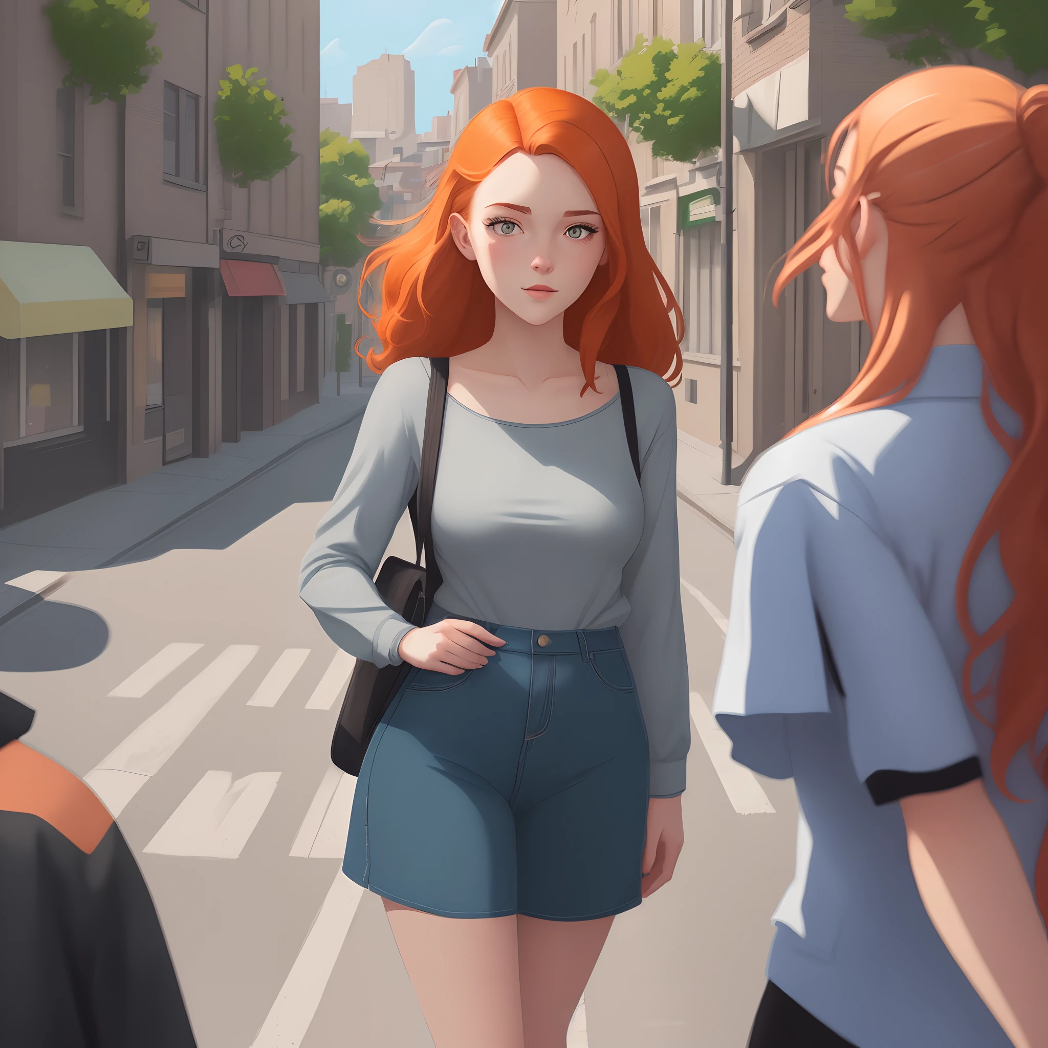 this image is a digital illustration made by MSchiffer with dynamic dark lines in a cel-shading style, showcasing the spectacular beauty of a young adult woman, who wears comfortable clothes. She has ginger hair. She's walkind down a street. The view is situated down below.