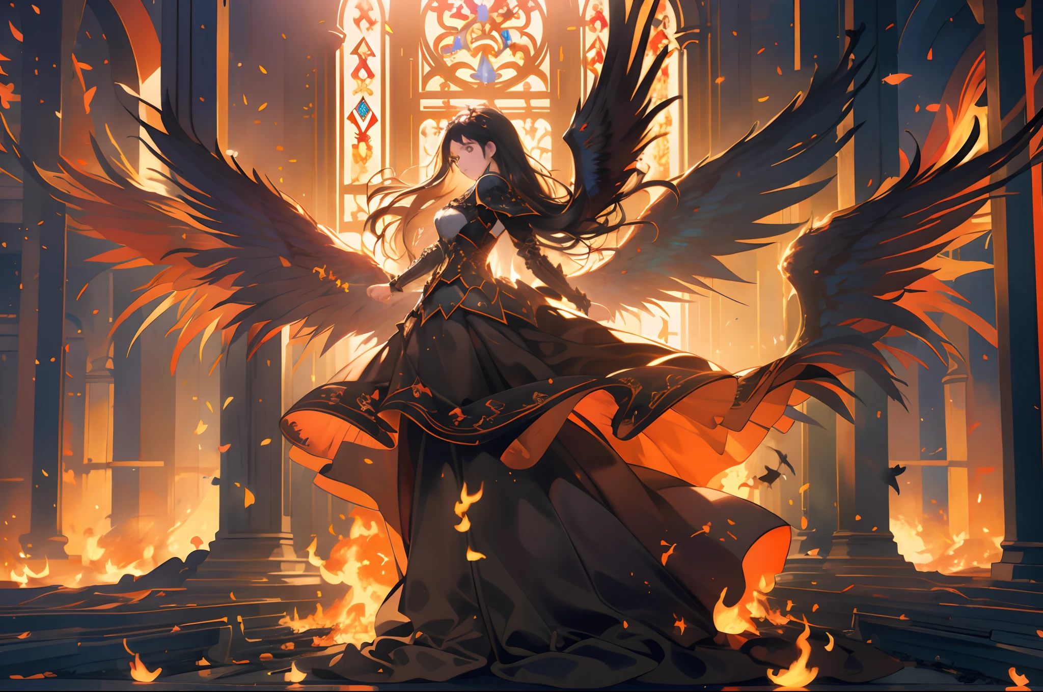 (extremely detailed CG unity 8k wallpaper,masterpiece, best quality, ultra-detailed:1.2),best illumination, (best shadow, an extremely delicate and beautiful, bloom),
dark angel,(flying in the sky:1.),outside,(church ruins),church on fire,from behind, from above, super wide shot,
1gril,solo,Heavy armor,long hair,black wings,red jewelry,Film filter, Hellfire,full body,wings on fire, Halloween theme