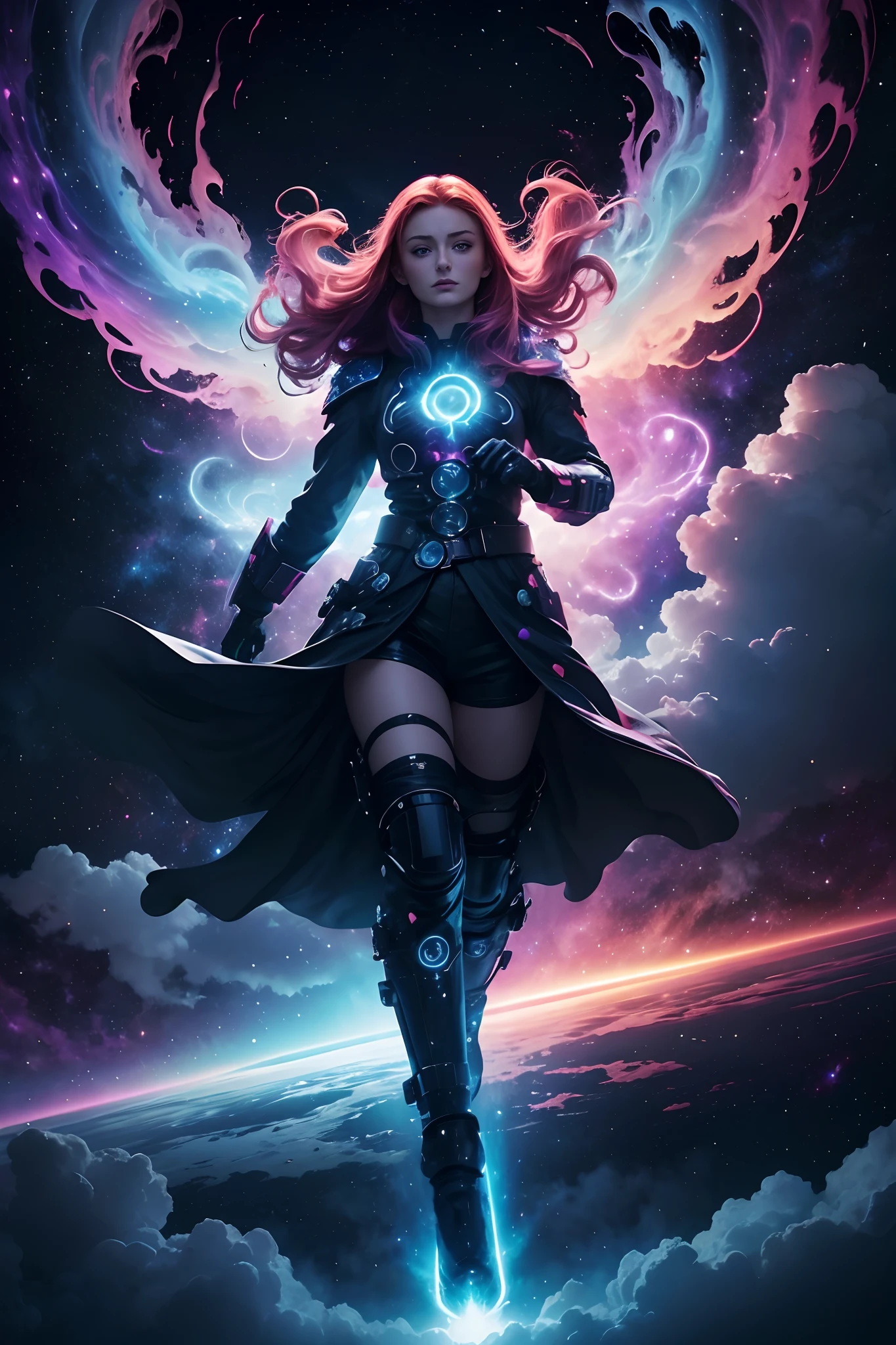 (Solo) Incredible and spectacular cloud figure Sophie Turner emergency scene in cosmic clouds, Chain of fractal nebulae, cosmic, Celestial, cosmic, A vibrant and vivid entity, whirly, Spinning, unreal, High contrast, Symbolism, magical, mistic, mistic, Hyper-realistic, Supersaturation, Colorful, 8K