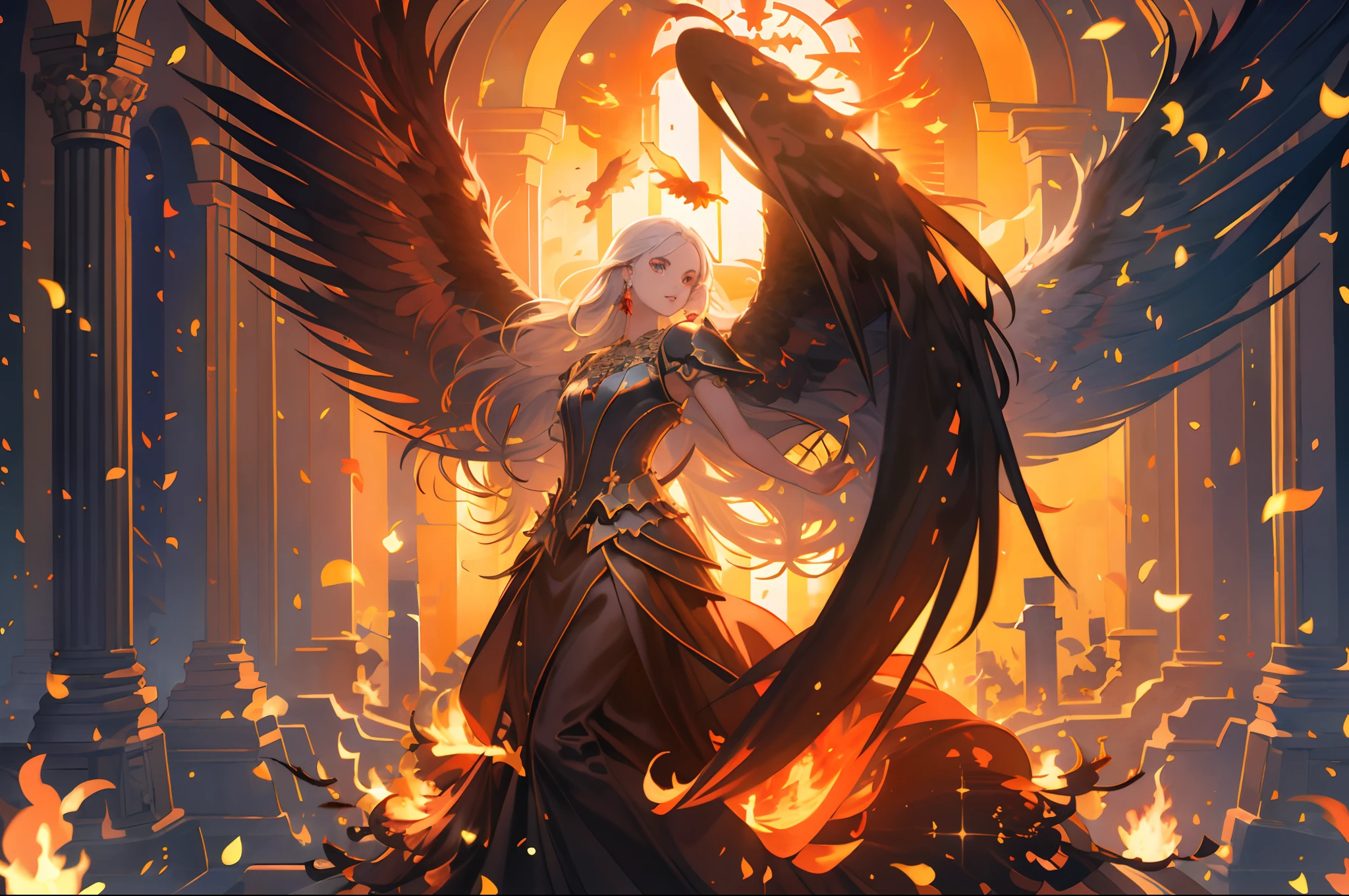 (extremely detailed CG unity 8k wallpaper,masterpiece, best quality, ultra-detailed:1.2),best illumination, (best shadow, an extremely delicate and beautiful, bloom),
dark angel,(flying in the sky:1.),outside,(church ruins),church on fire,from behind, from above, super wide shot,
1gril,solo,Heavy armor,long hair,black wings,red jewelry,Film filter, Hellfire,full body,wings on fire, Halloween theme