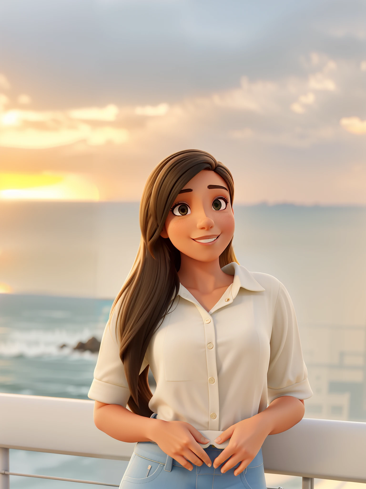 Mulher brasileira, cabelo castanho claro. Na frente, por do sol ao fundo