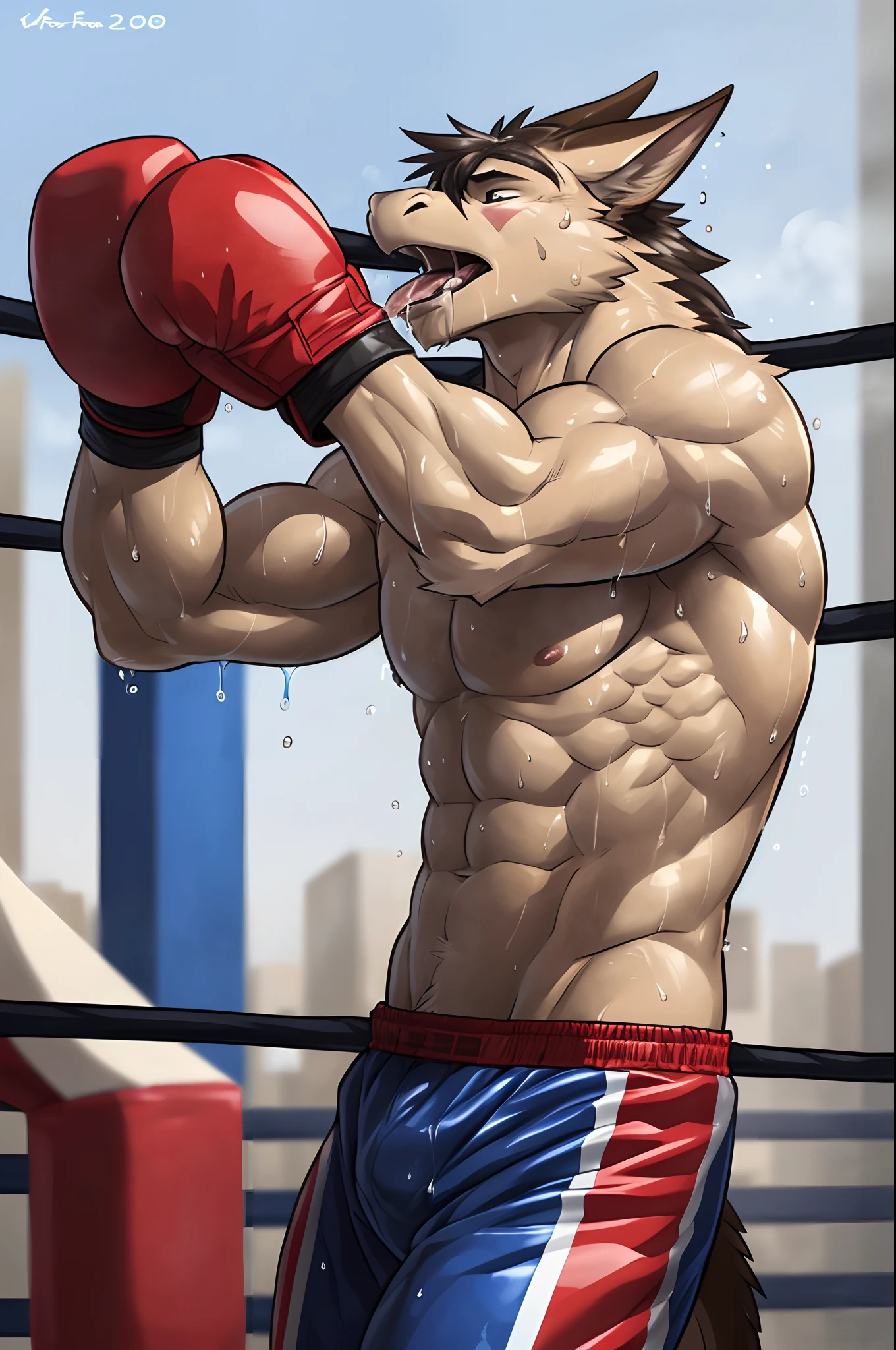 ((solo) full height):1, (anthro) blue dragon, lora, adult, mature, masculine, slim:1.2, skinny:1.2, tall:1, (correct anatomy:1.2), vascular veins, (correct proportions:1.3), topless, (shirtless, boxing gloves, boxing trunks), ultradetailed, (by wfa:1.2), (by takemoto_arashi, by vorusuarts, by Traver009:1, by grimfaust:1), natural lighting ((boxing ring):1.4 background), (sweat:1.4, wet:1.6), (lots of sweat flowing down) exhausted, dragon head ((open:1 eyes, detailed):1.2), open mouth (steaming breath:1.2, drooling, dripping saliva, thick drool) tongue sticking out, (serious:1.4) expression), in pain