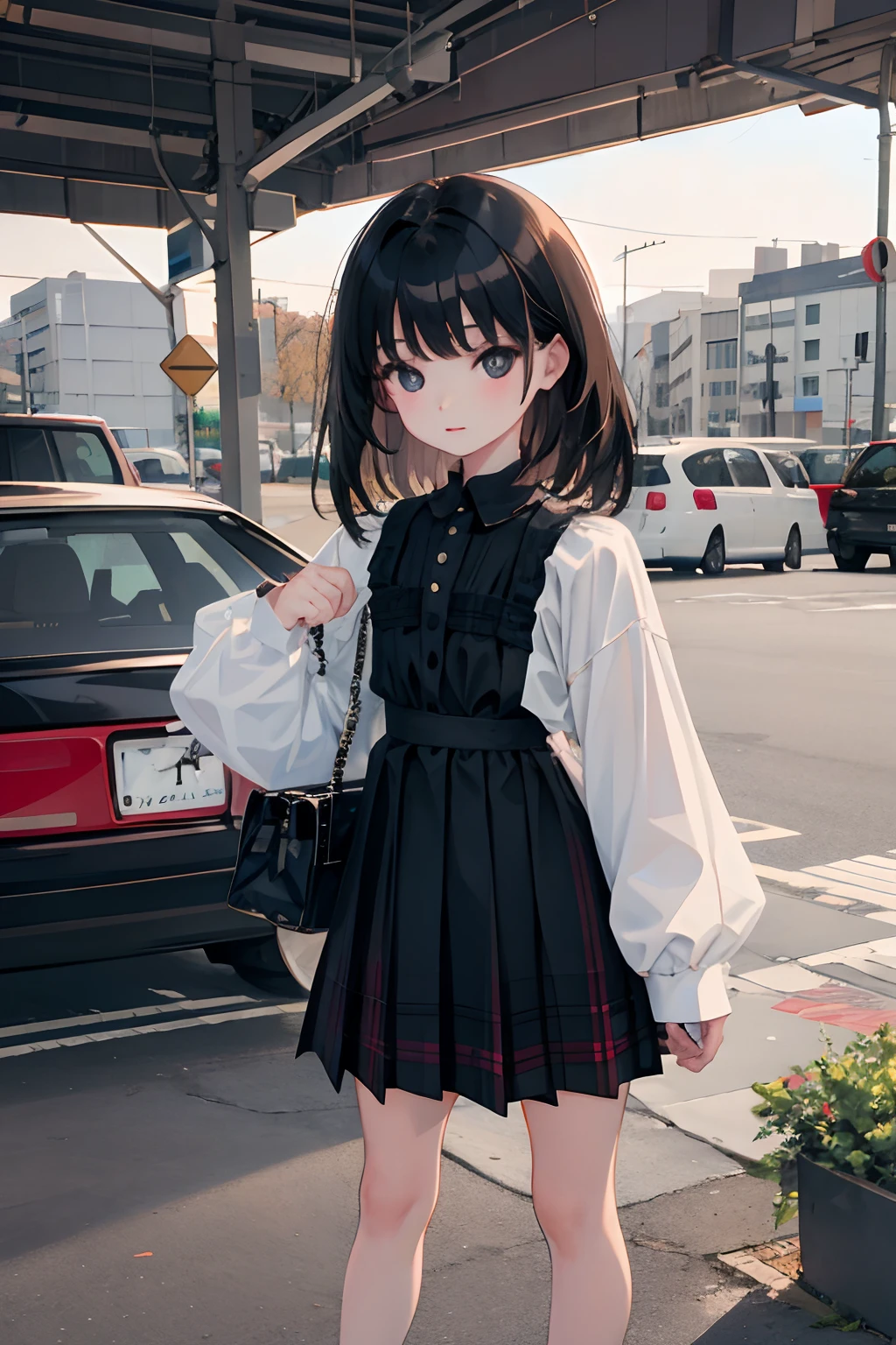 (child)，（​masterpiece，Highest Quality），Black blouse，plaid skirts，Bag，A dark-haired，intersection