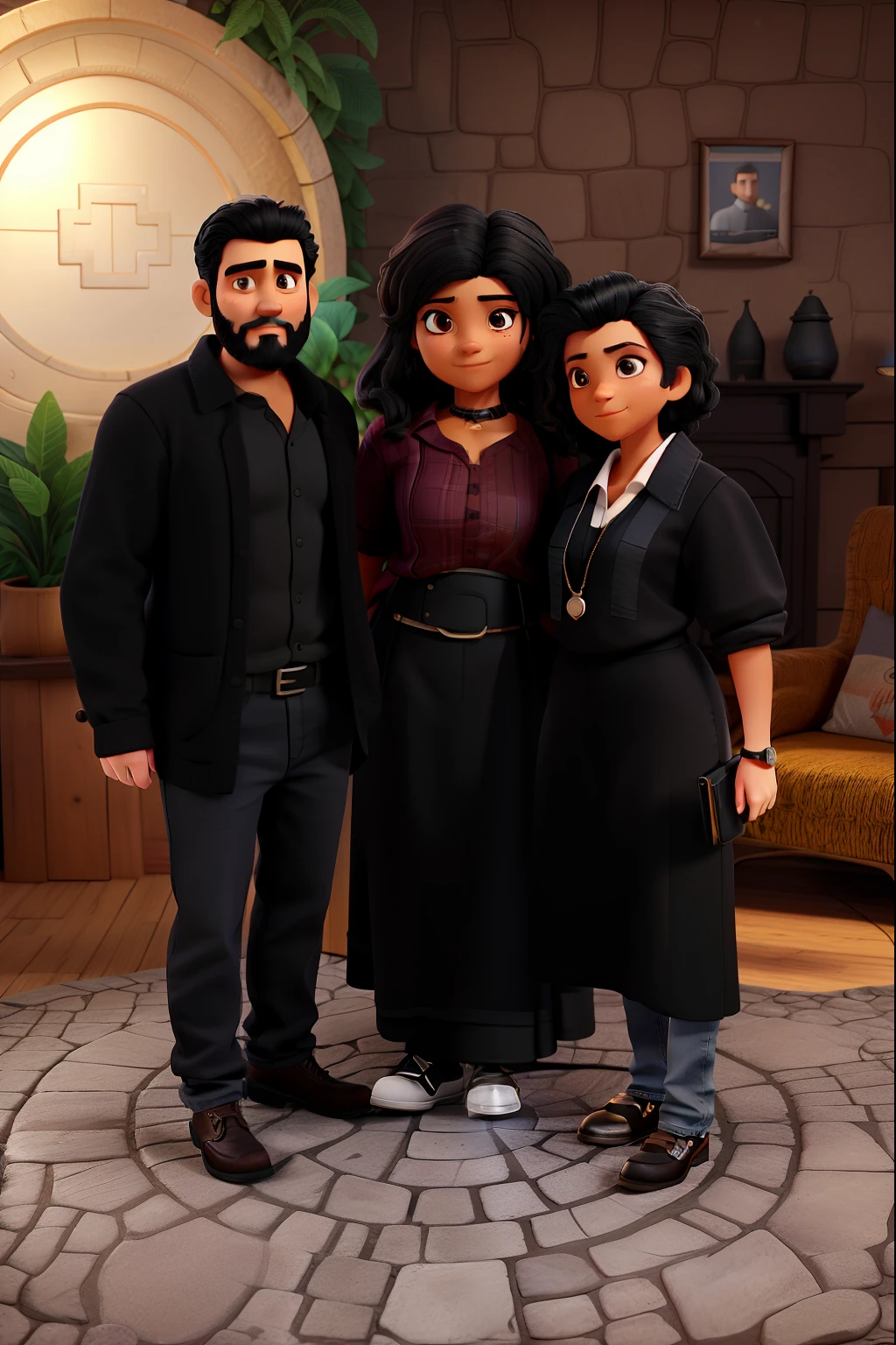 A wise man with short, bearded black hair wearing a black shirt and jeans, uma menina jovem linda de cabelo preto longo vestida com roupa de formatura, A wise old woman dressed in a black dress, illuminated by the light of a lamp
