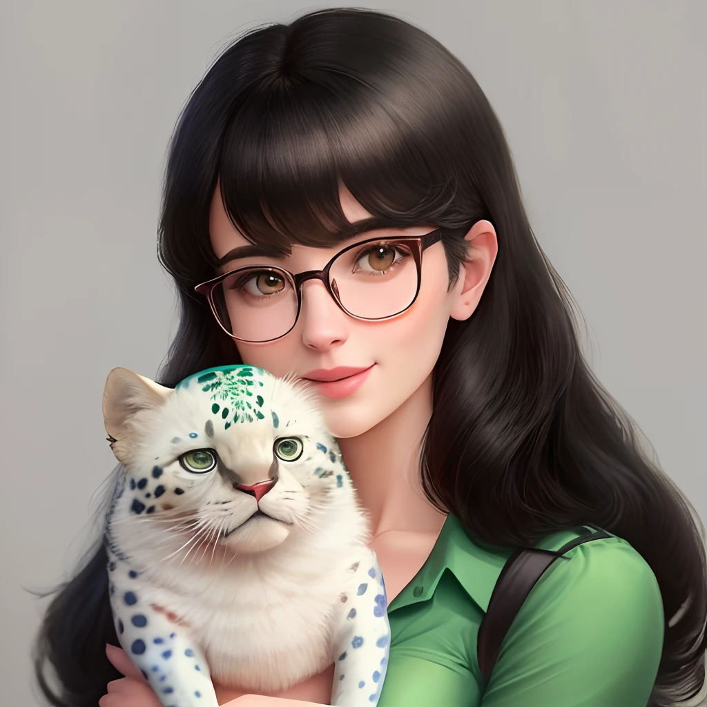 I would like to create a Disney Pixar character
The character is a 27-year-old woman. His skin is white, a cor do cabelo preto, The eye color is black and the hair is long with long bangs to one side only, ela tem 83kg e 1,62. She's got a jaguar glasses, She loves to wear a green dress shirt and is a professor of medicine. She's lovely, tem uma cachorrinha shitszu cor caramelo com tons marrom escuro.
